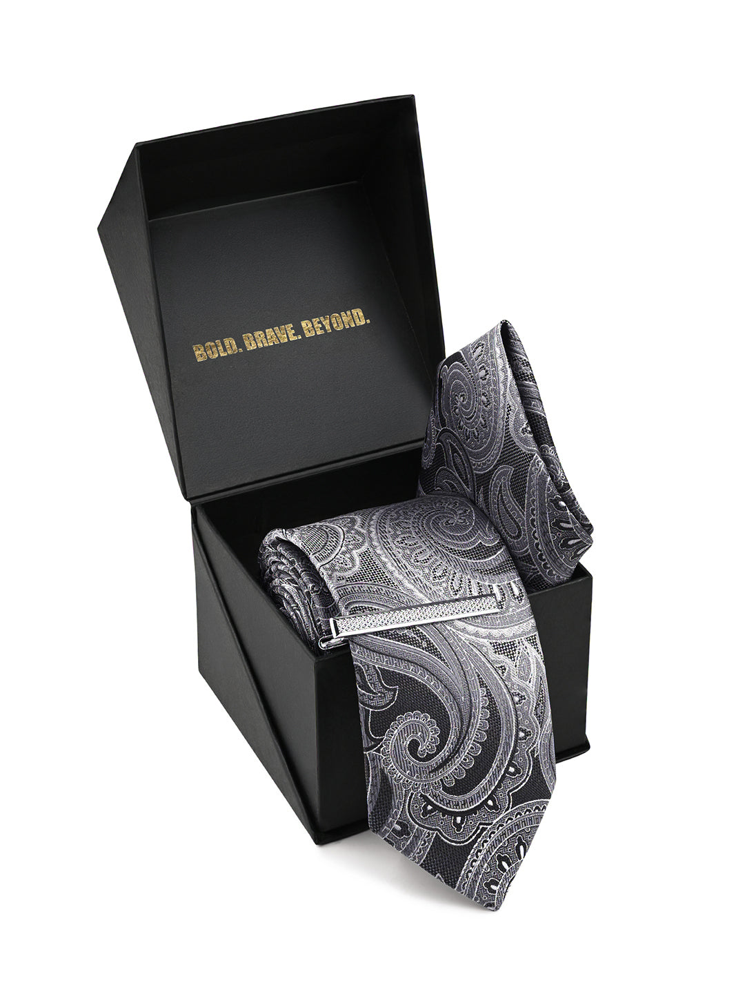 Paisley Black Luxury Polyster Micro Fabric Necktie Set Pocket Square Chrome Tiepin