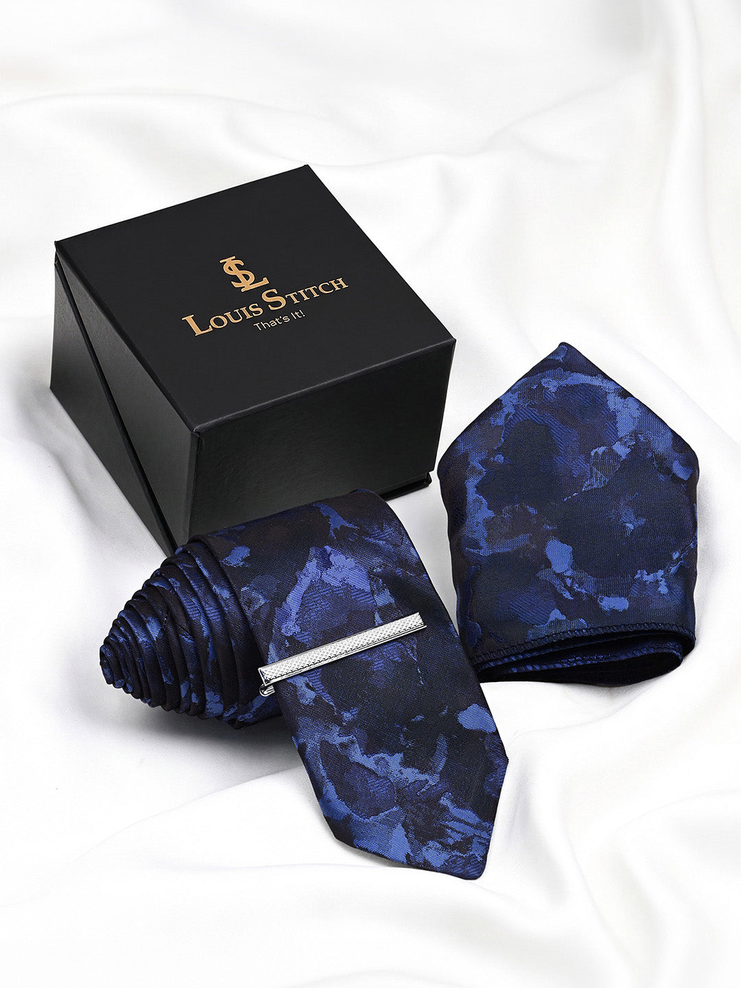 Dark Blue Luxury Polyster Micro Fabric Necktie Set Pocket Square Chrome Tiepin