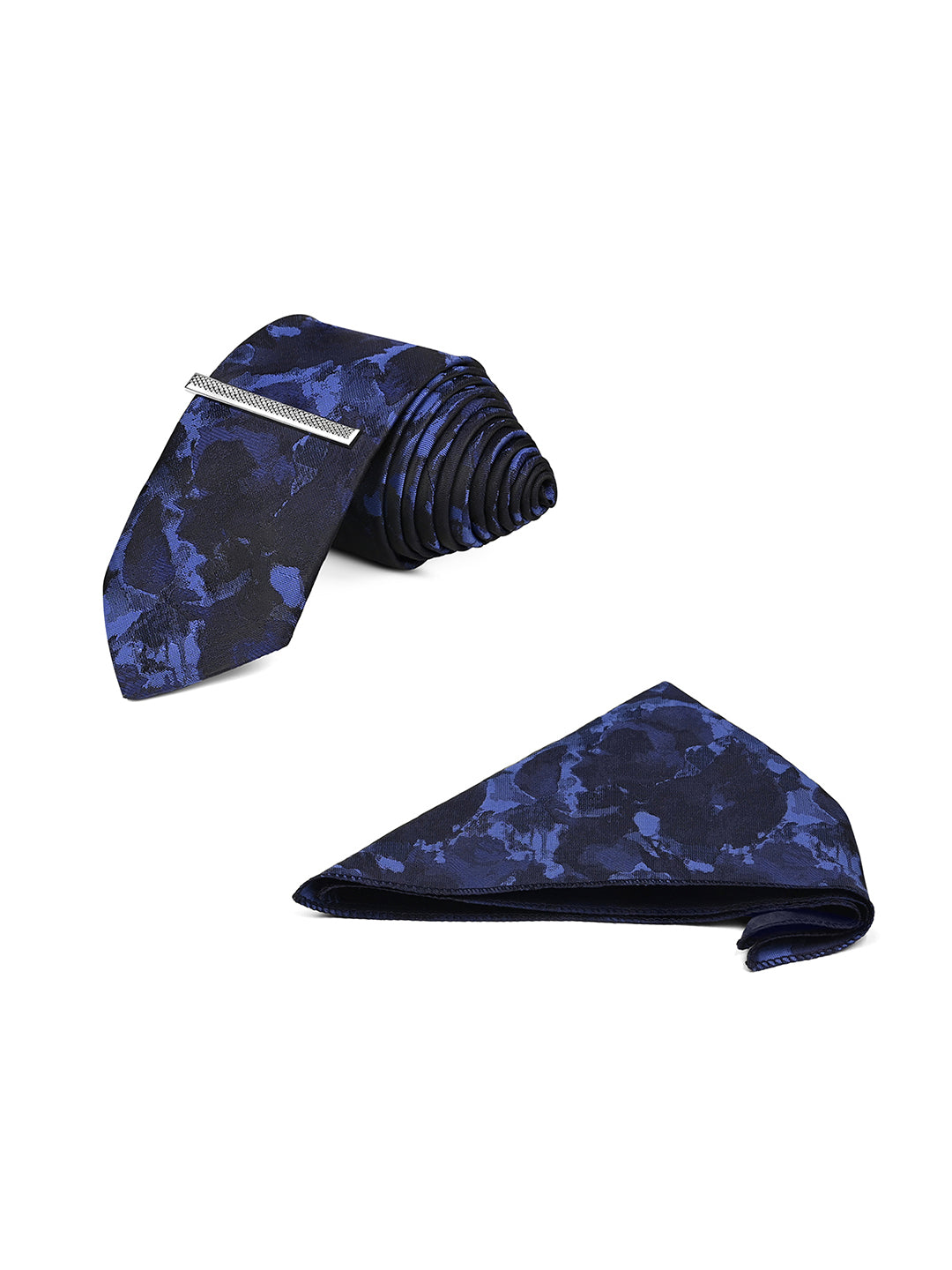 Dark Blue Luxury Polyster Micro Fabric Necktie Set Pocket Square Chrome Tiepin