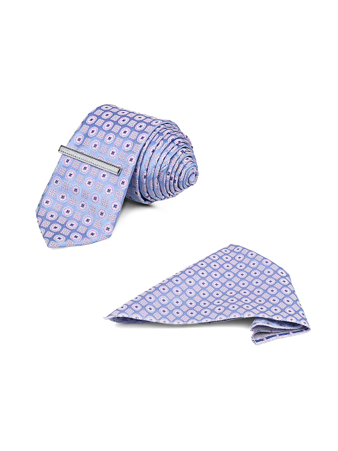 Patterned Blue Luxury Polyster Micro Fabric Necktie Set Pocket Square Chrome Tiepin