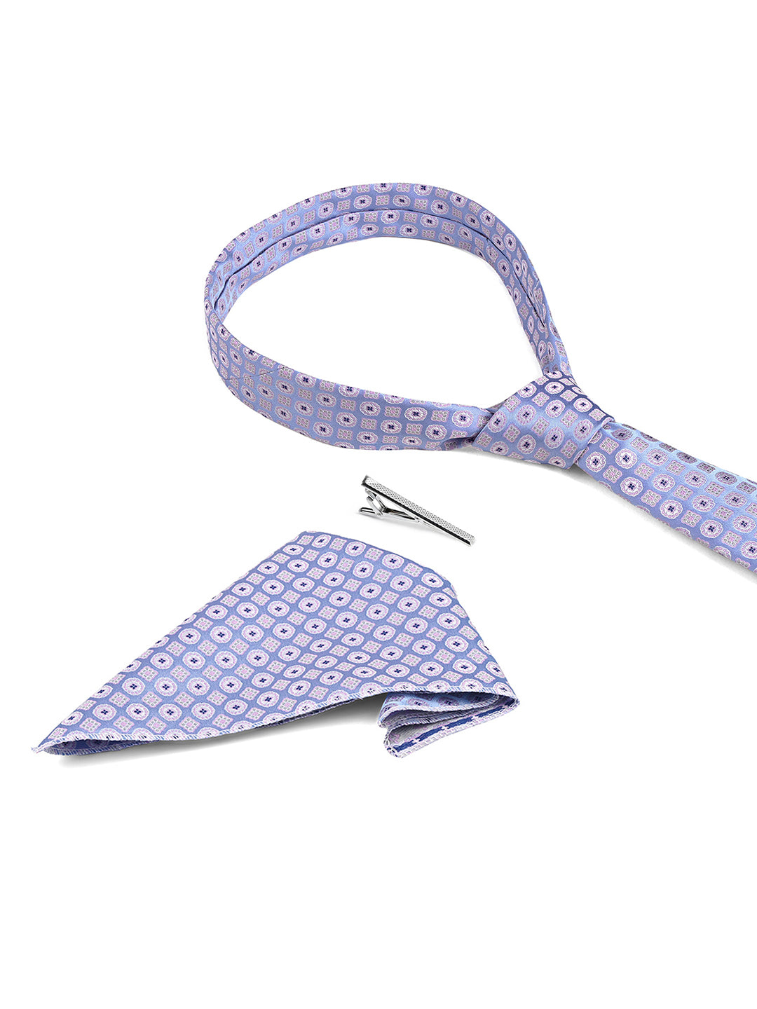 Patterned Blue Luxury Polyster Micro Fabric Necktie Set Pocket Square Chrome Tiepin