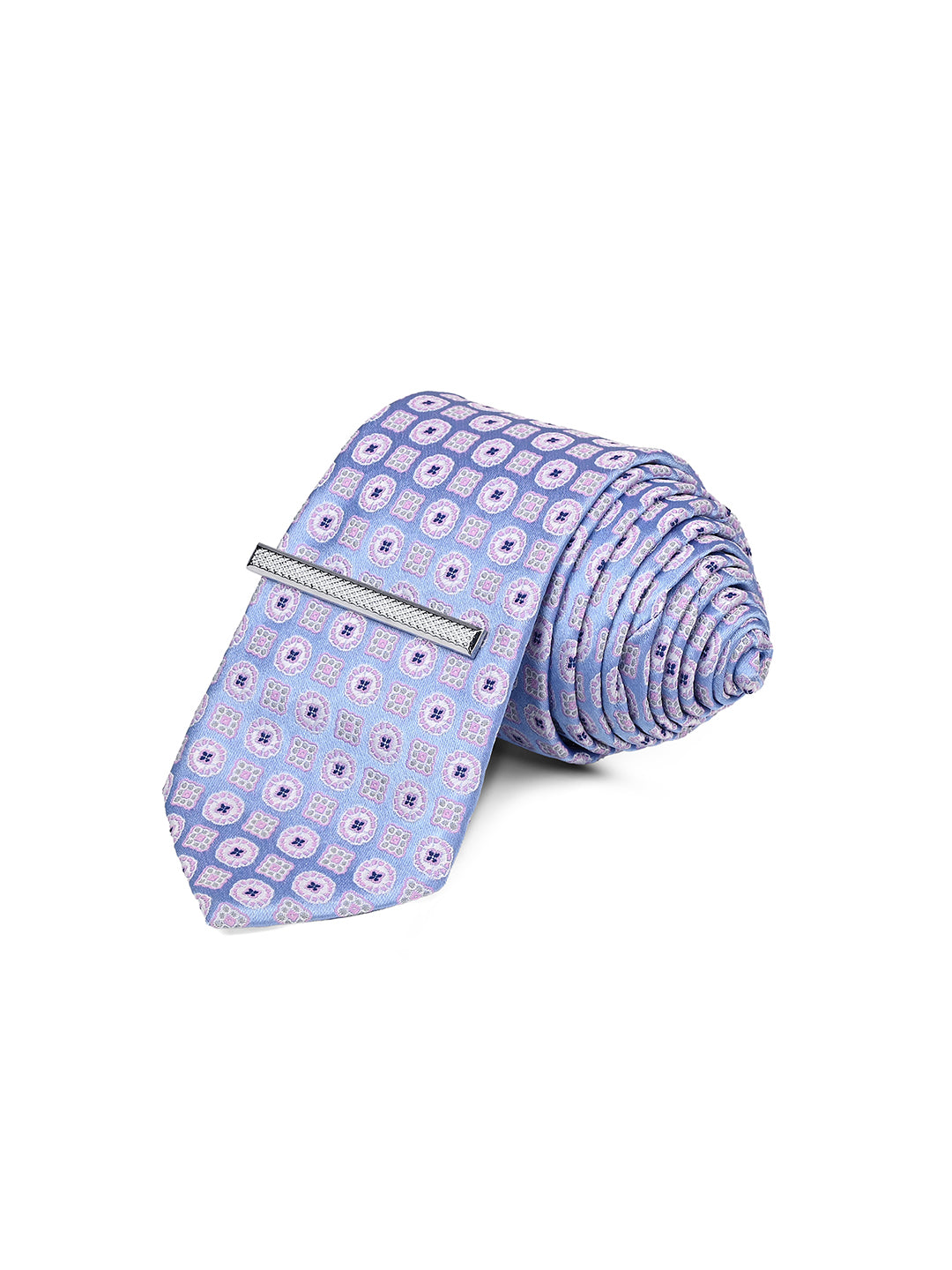 Patterned Blue Luxury Polyster Micro Fabric Necktie Set Pocket Square Chrome Tiepin