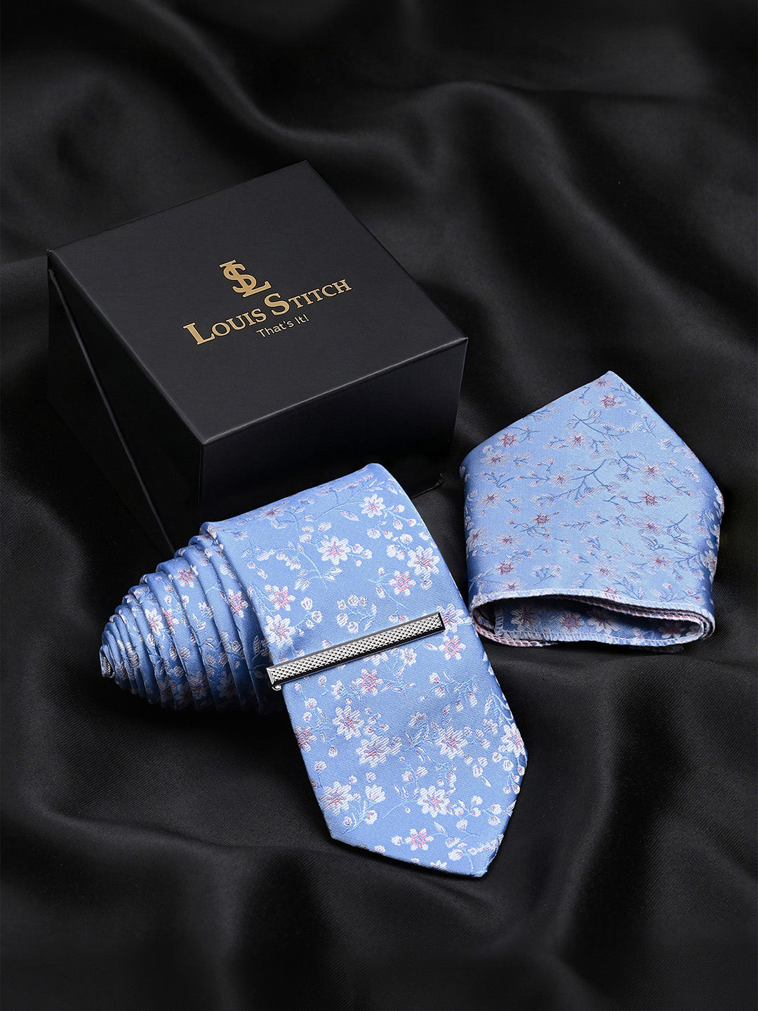 Floral Blue Luxury Polyster Micro Fabric Necktie Set Pocket Square Chrome Tiepin