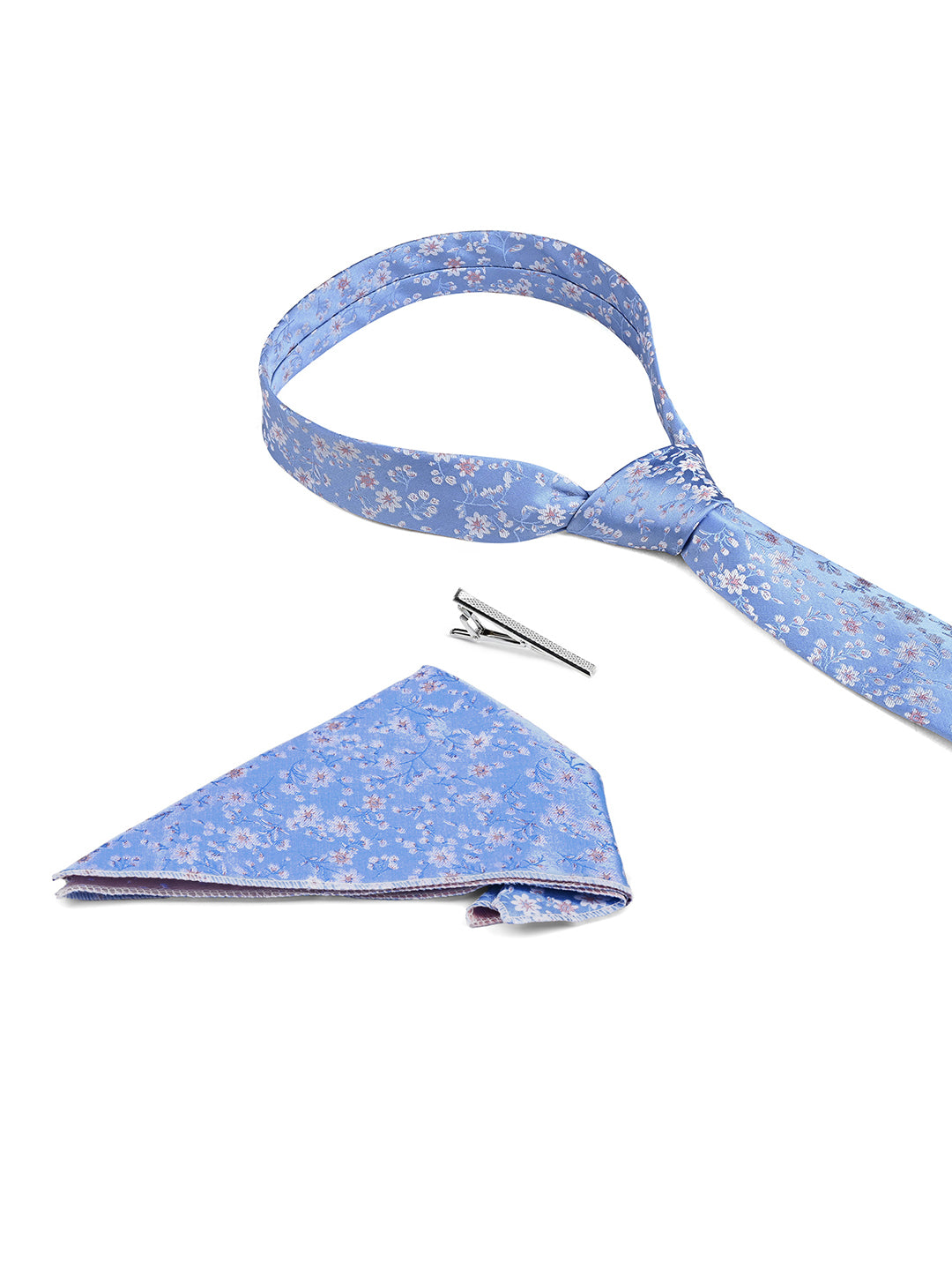 Floral Blue Luxury Polyster Micro Fabric Necktie Set Pocket Square Chrome Tiepin