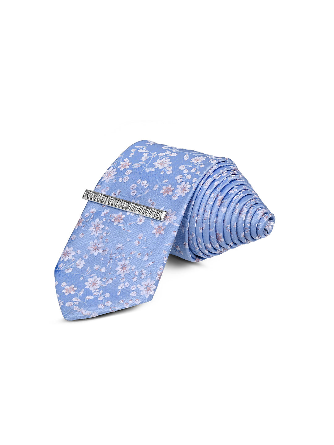 Floral Blue Luxury Polyster Micro Fabric Necktie Set Pocket Square Chrome Tiepin