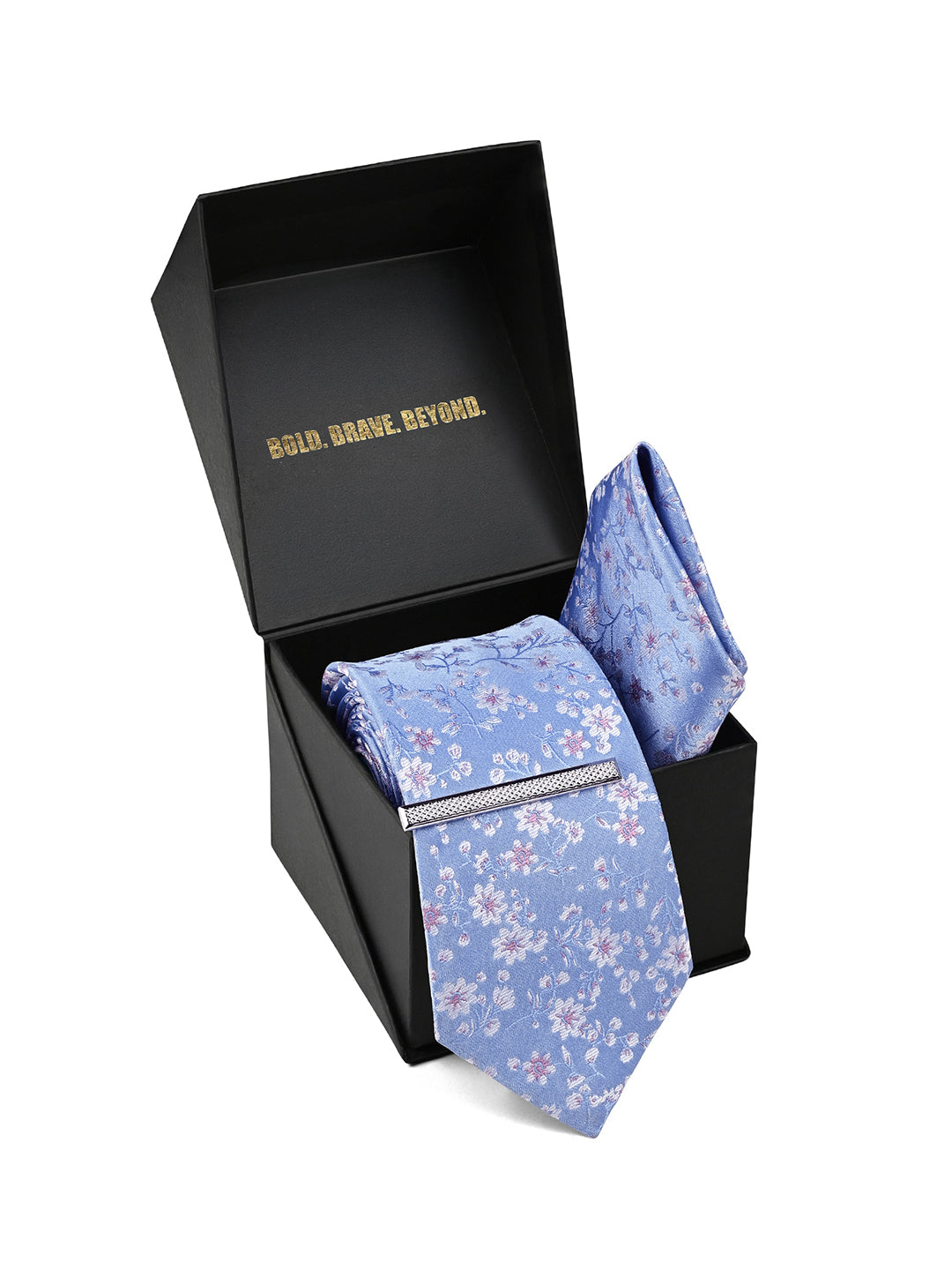 Floral Blue Luxury Polyster Micro Fabric Necktie Set Pocket Square Chrome Tiepin