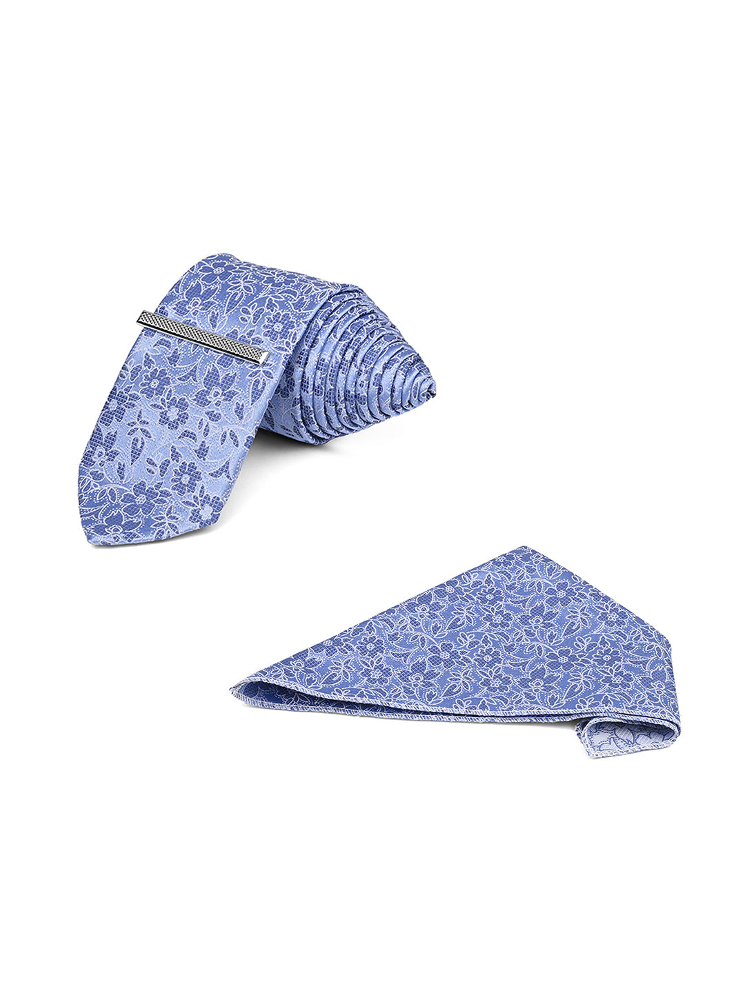 Textured Blue Luxury Polyster Micro Fabric Necktie Set Pocket Square Chrome Tiepin