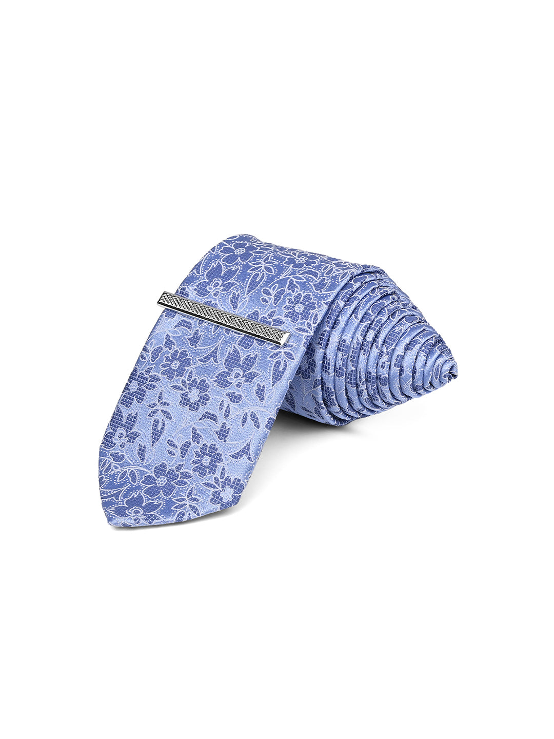 Textured Blue Luxury Polyster Micro Fabric Necktie Set Pocket Square Chrome Tiepin