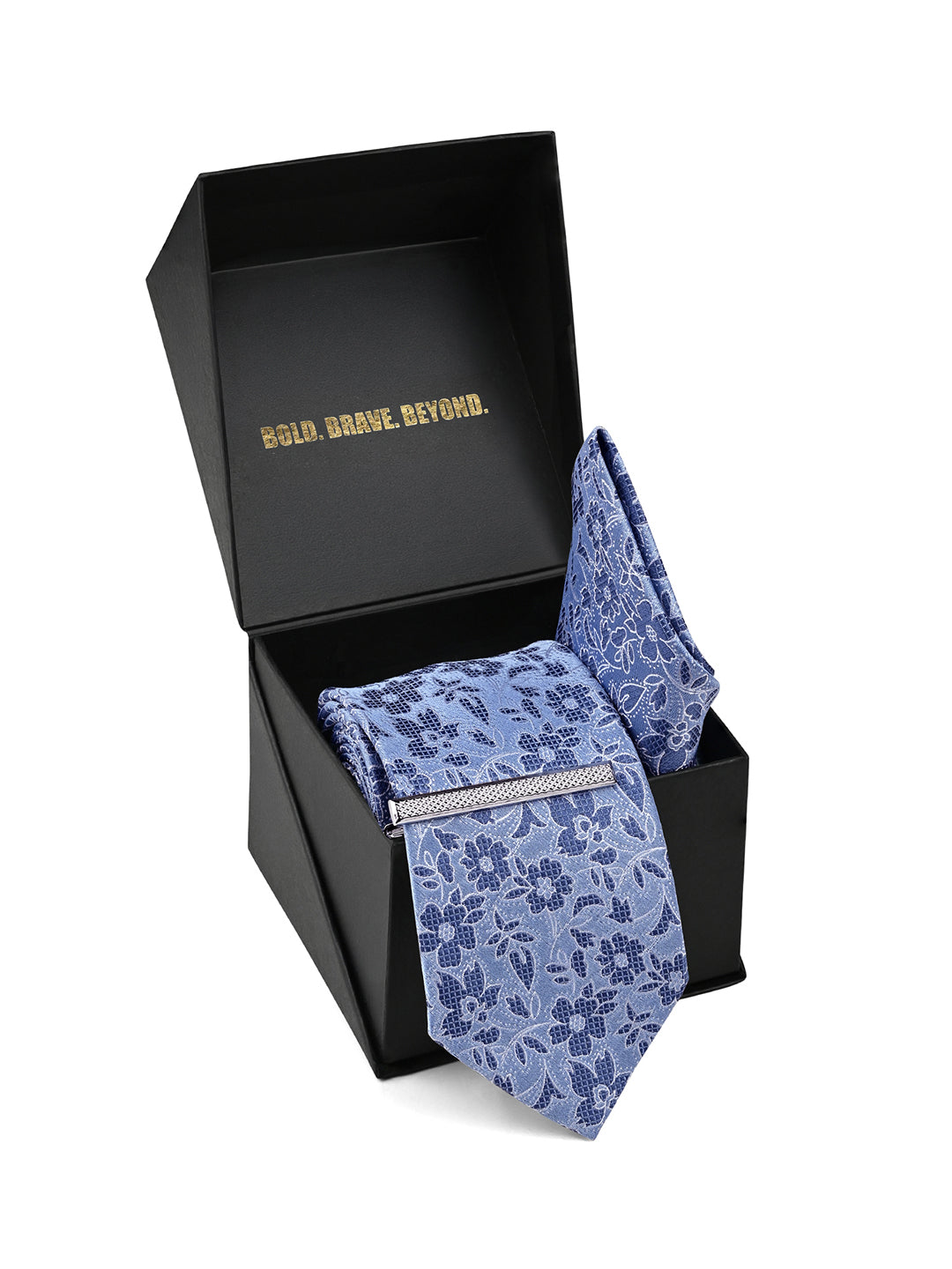 Textured Blue Luxury Polyster Micro Fabric Necktie Set Pocket Square Chrome Tiepin