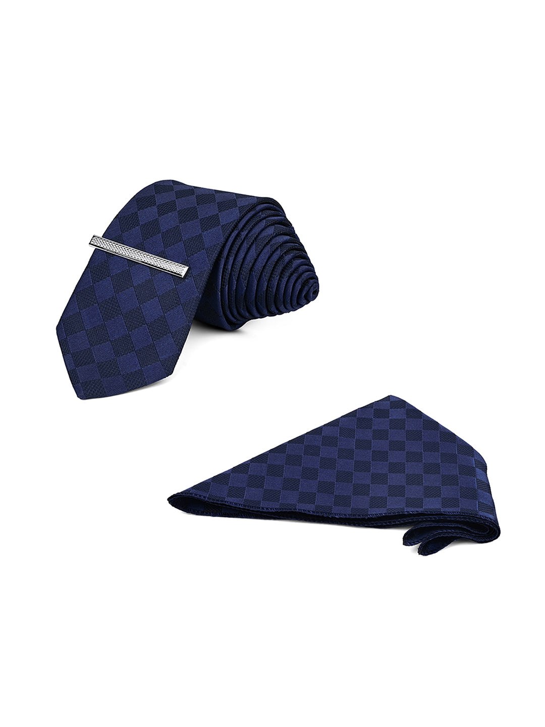 Checkered Blue Luxury Polyster Micro Fabric Necktie Set Pocket Square Chrome Tiepin