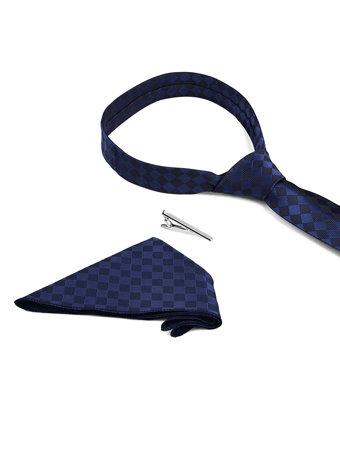 Checkered Blue Luxury Polyster Micro Fabric Necktie Set Pocket Square Chrome Tiepin