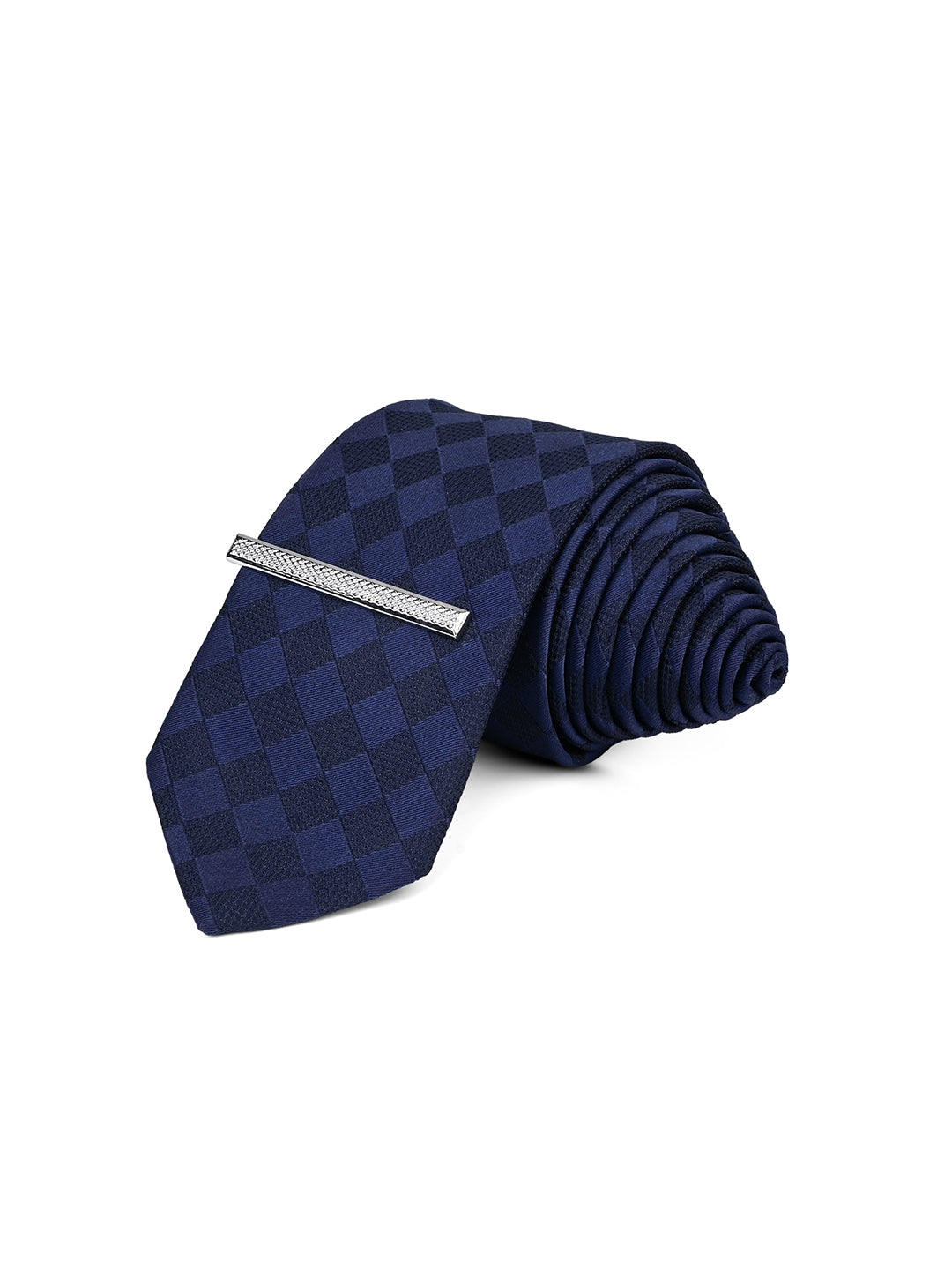 Checkered Blue Luxury Polyster Micro Fabric Necktie Set Pocket Square Chrome Tiepin