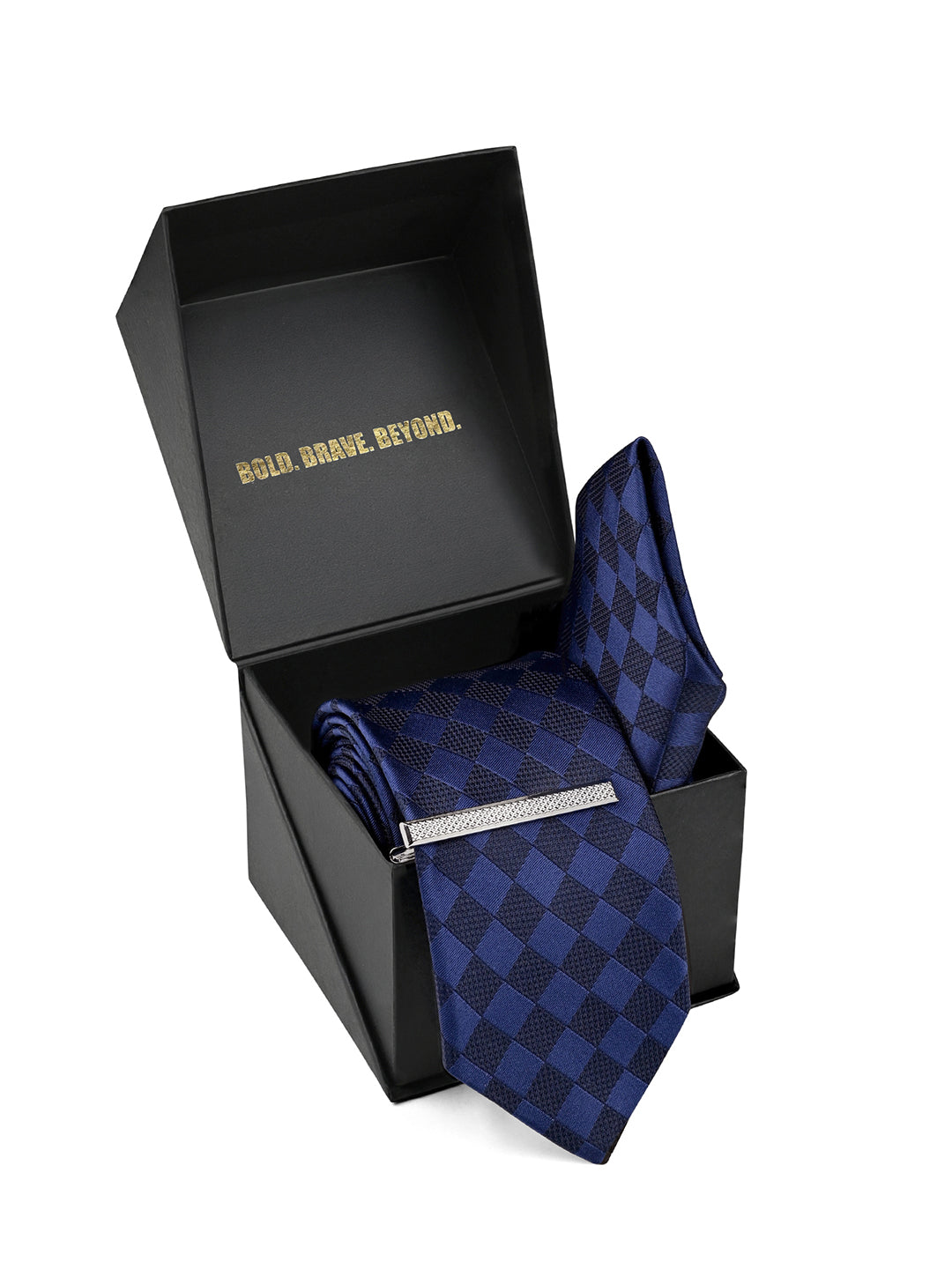 Checkered Blue Luxury Polyster Micro Fabric Necktie Set Pocket Square Chrome Tiepin