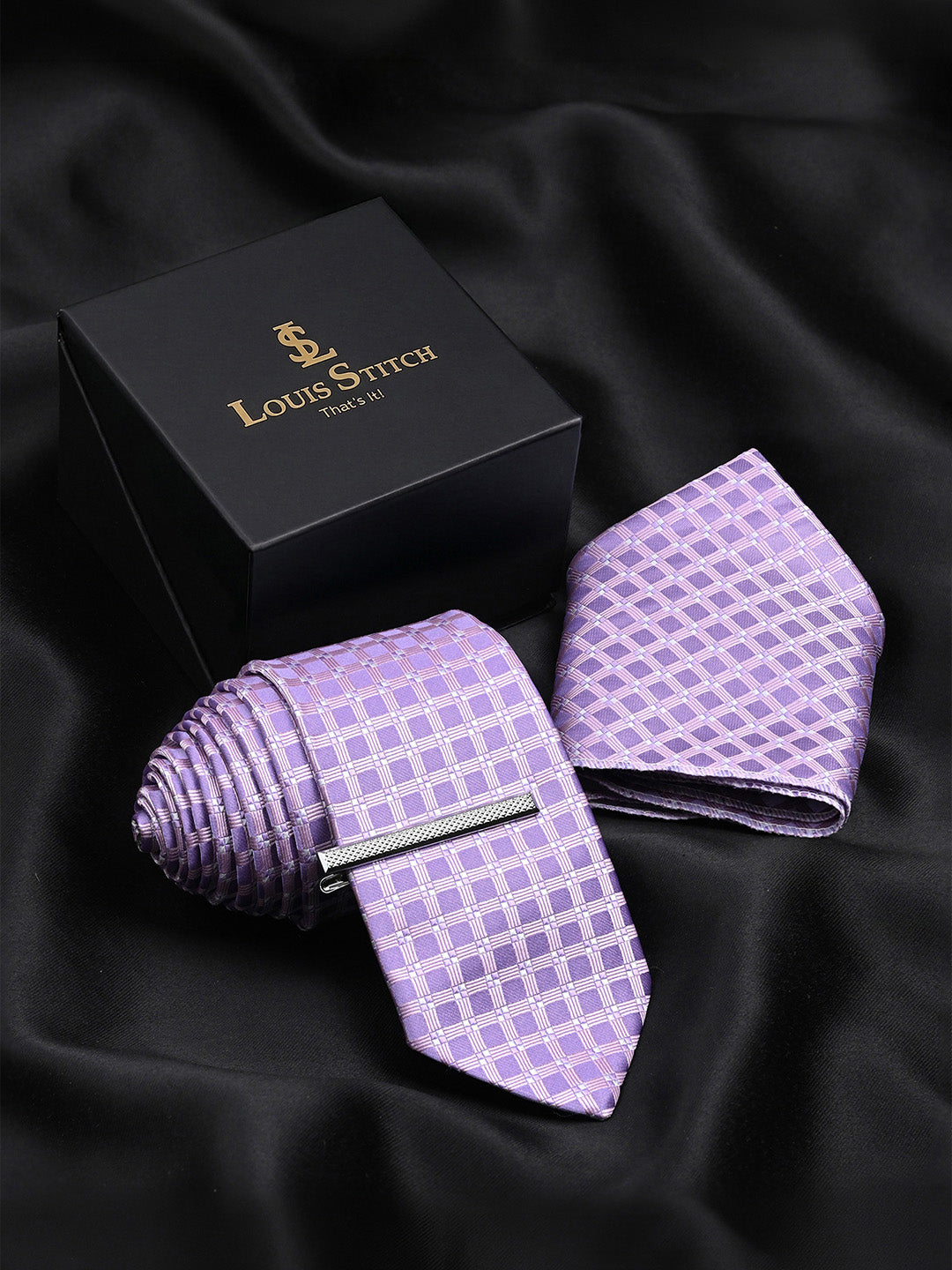 Lilac Luxury Polyster Micro Fabric Necktie Set Pocket Square Chrome Tiepin
