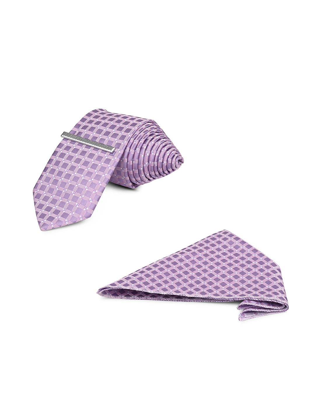 Lilac Luxury Polyster Micro Fabric Necktie Set Pocket Square Chrome Tiepin