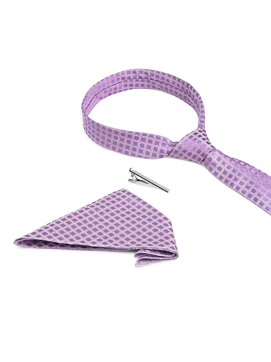 Lilac Luxury Polyster Micro Fabric Necktie Set Pocket Square Chrome Tiepin