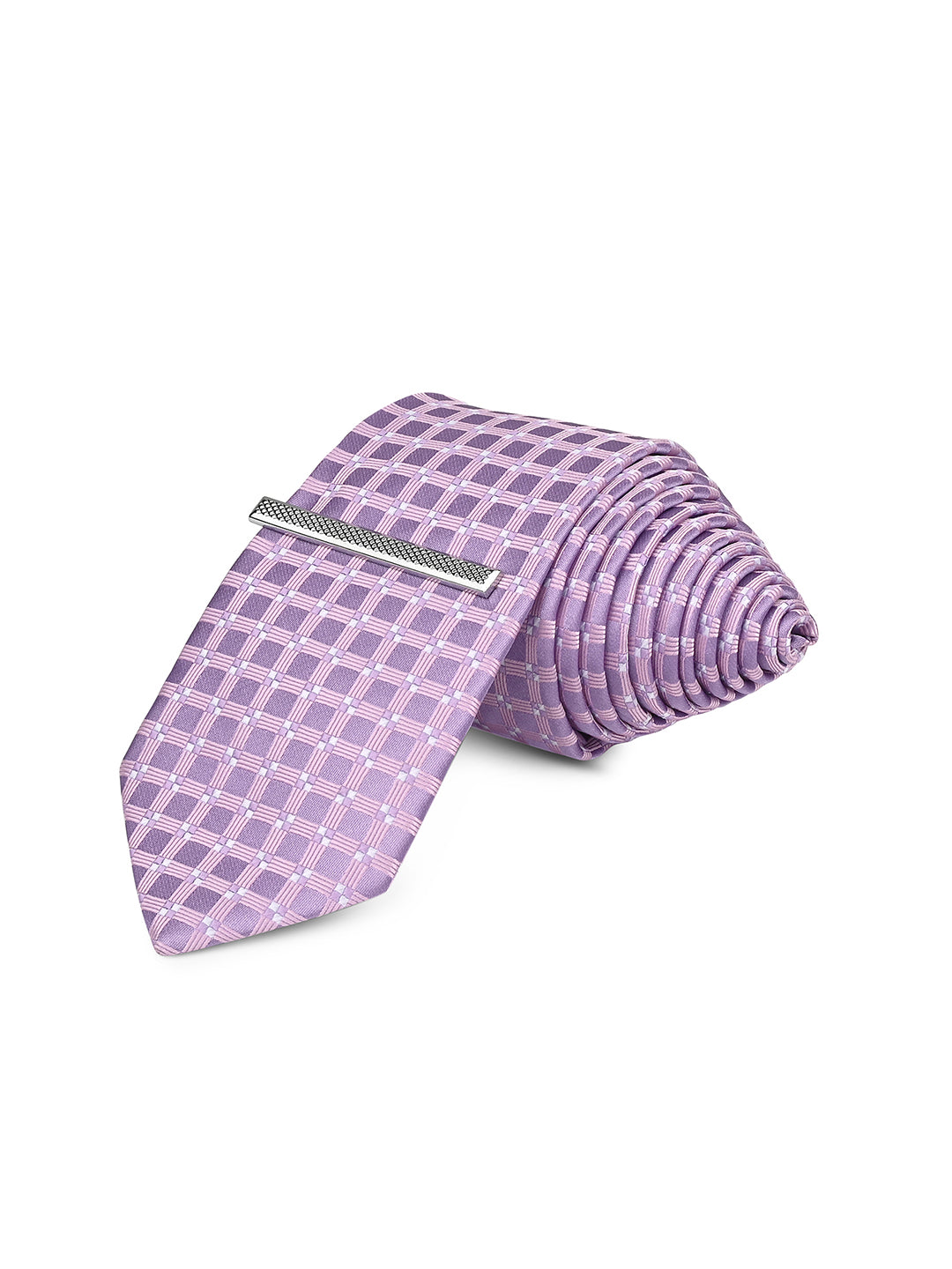 Lilac Luxury Polyster Micro Fabric Necktie Set Pocket Square Chrome Tiepin