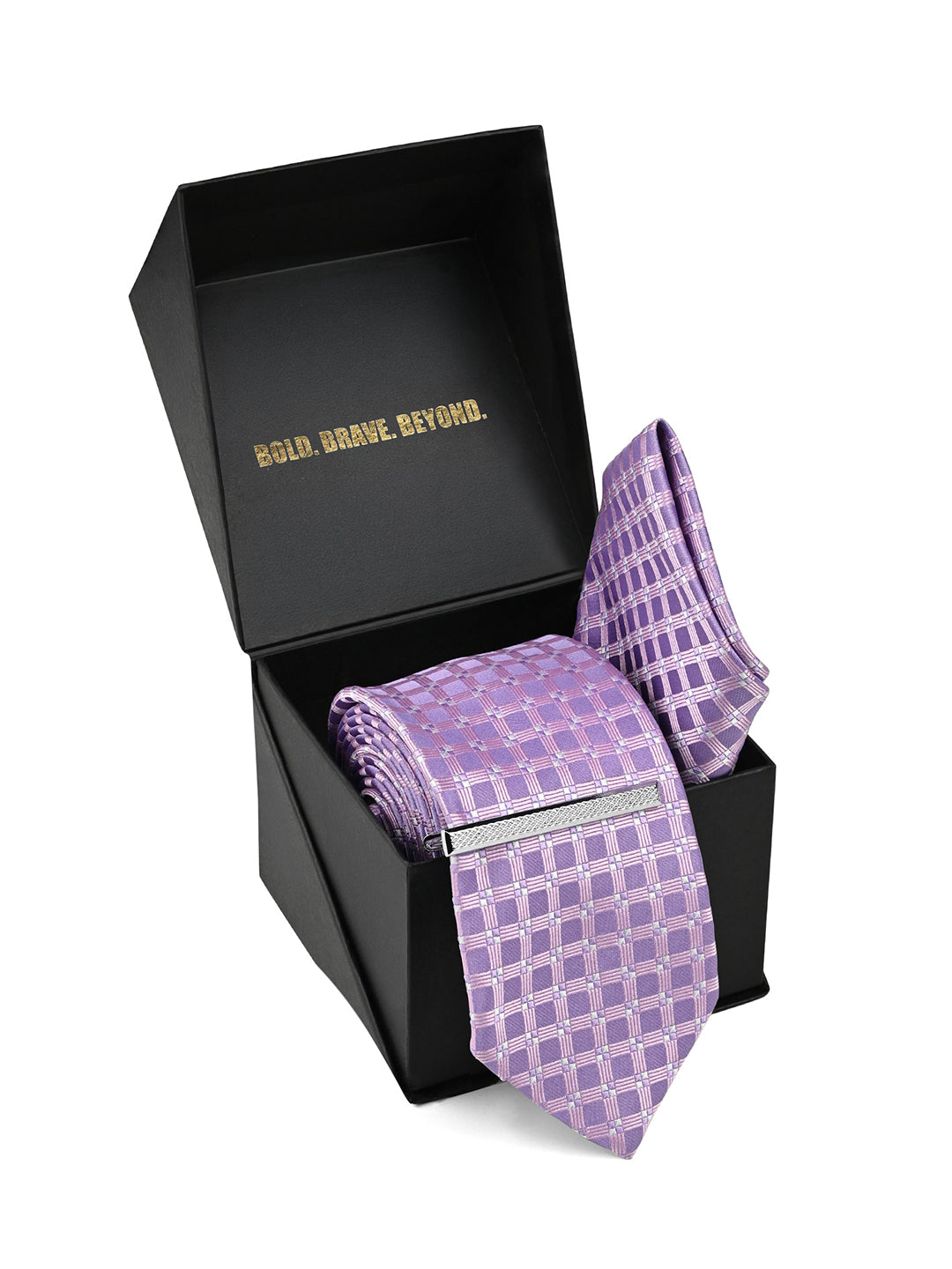 Lilac Luxury Polyster Micro Fabric Necktie Set Pocket Square Chrome Tiepin