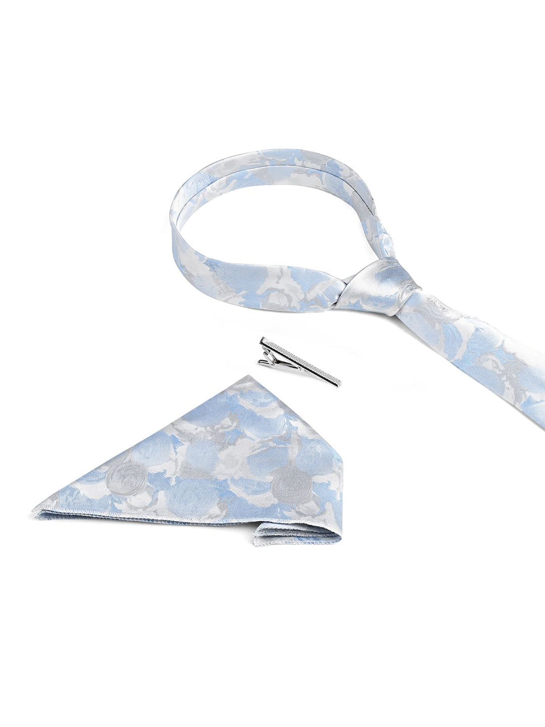 Light Blue Luxury Polyster Micro Fabric Necktie Set Pocket Square Chrome Tiepin