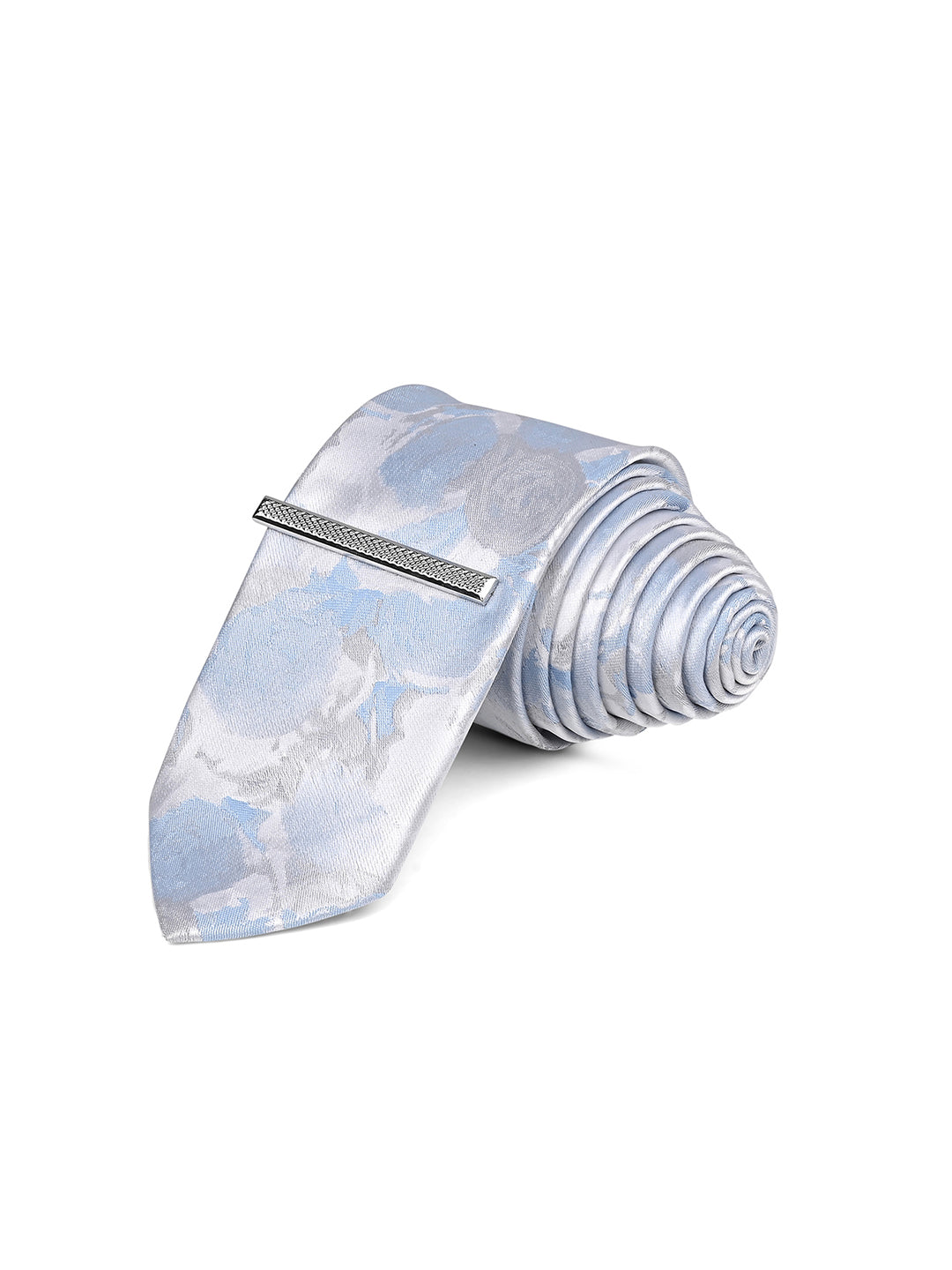 Light Blue Luxury Polyster Micro Fabric Necktie Set Pocket Square Chrome Tiepin
