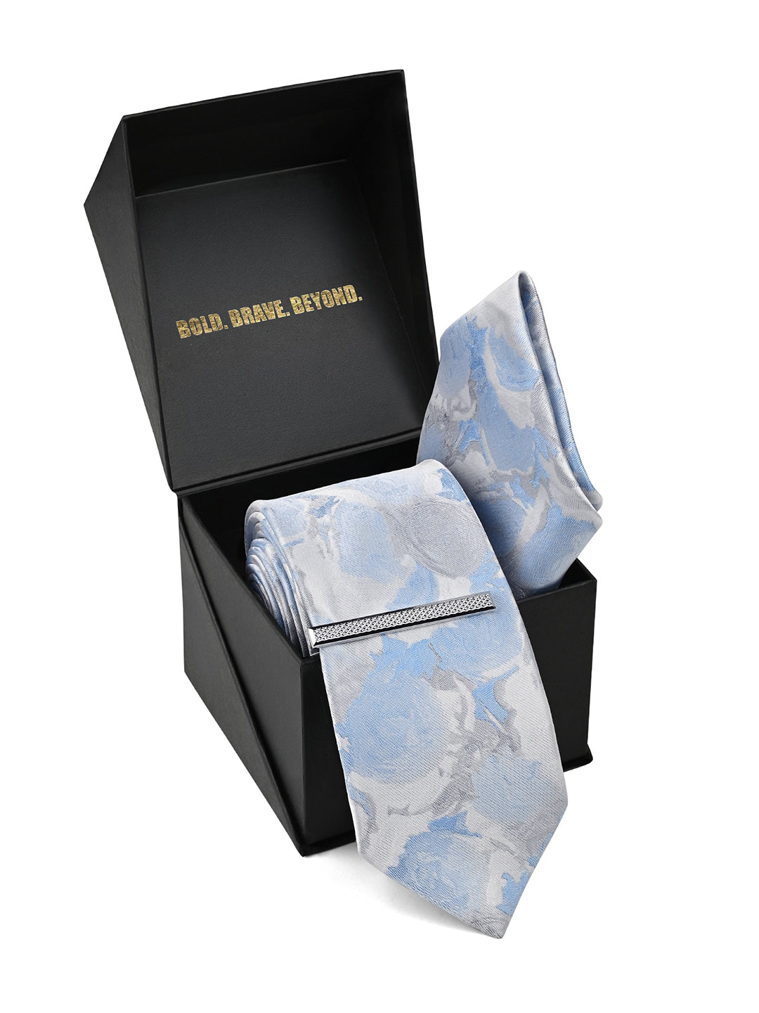 Light Blue Luxury Polyster Micro Fabric Necktie Set Pocket Square Chrome Tiepin