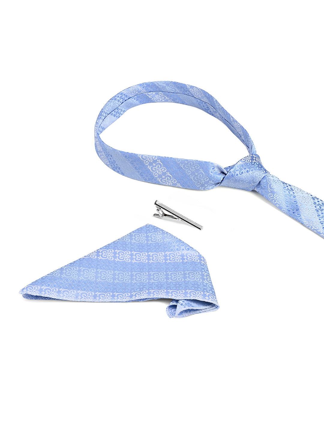 Striped Blue Luxury Polyster Micro Fabric Necktie Set Pocket Square Chrome Tiepin
