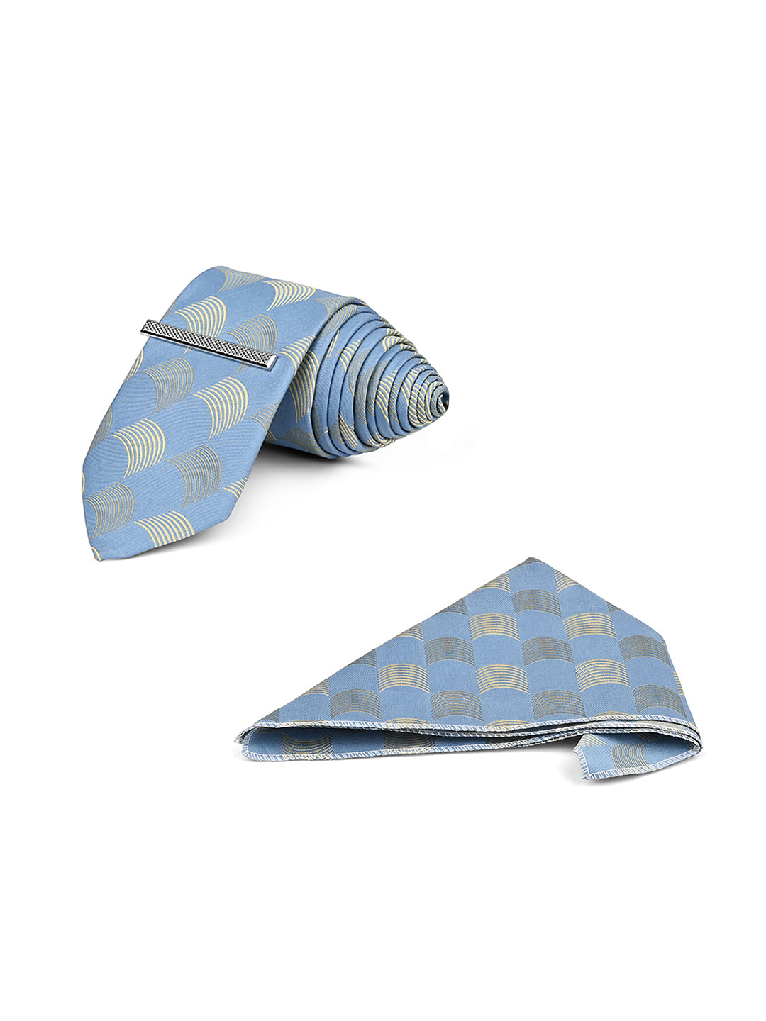 Aqua Blue Luxury Polyster Micro Fabric Necktie Set Pocket Square Chrome Tiepin