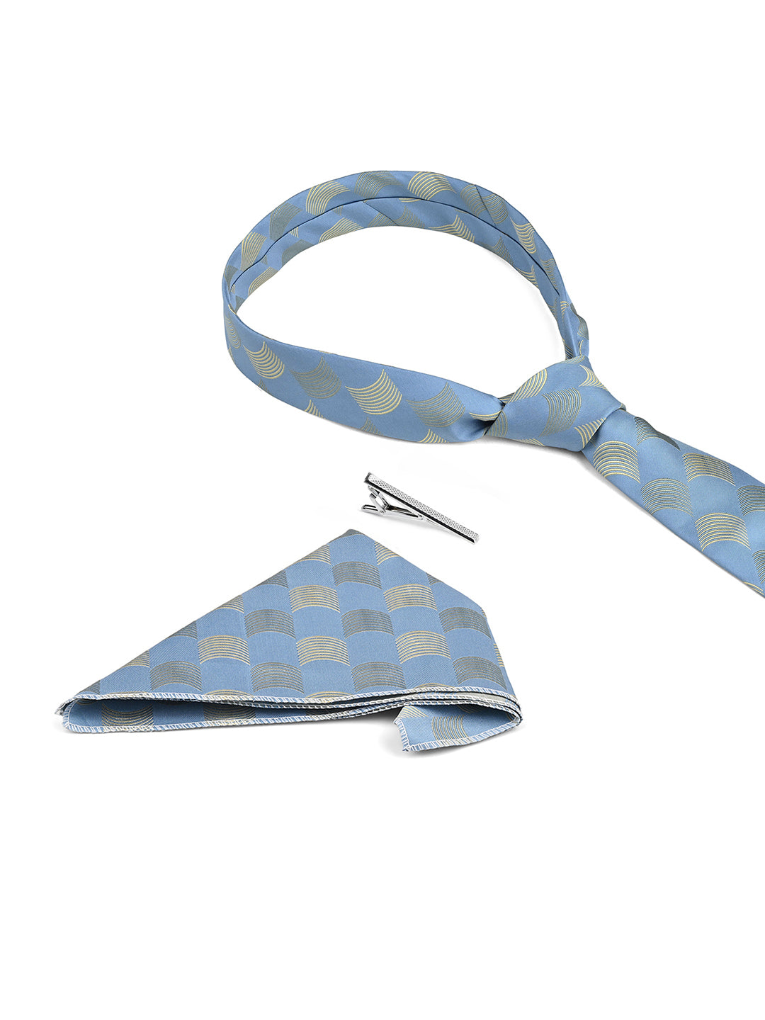 Aqua Blue Luxury Polyster Micro Fabric Necktie Set Pocket Square Chrome Tiepin