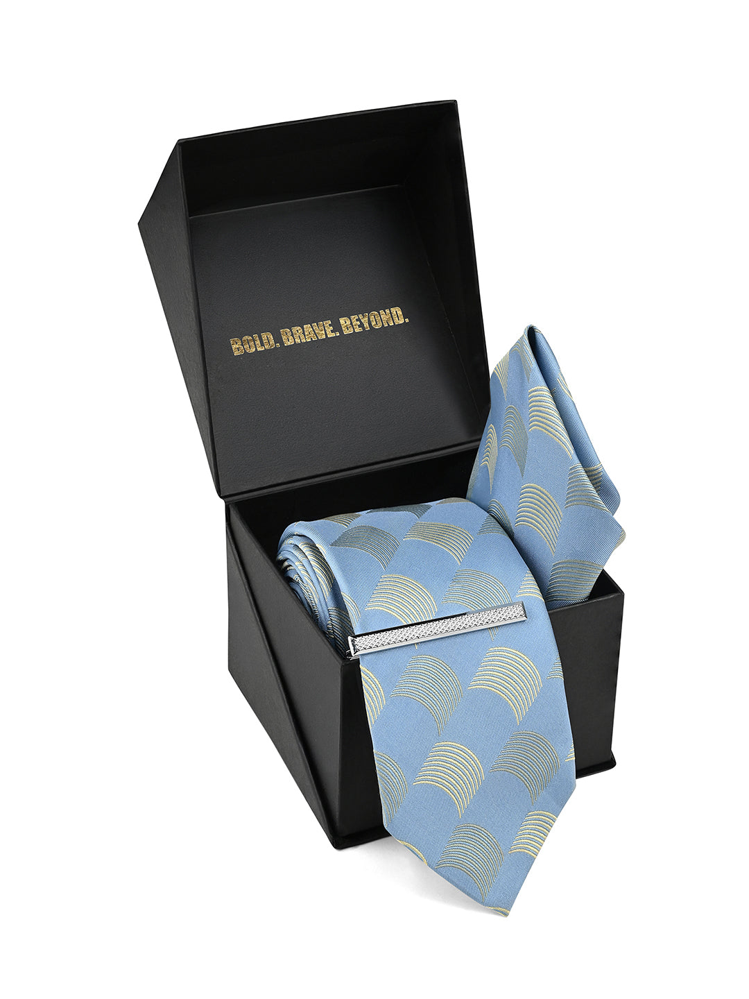 Aqua Blue Luxury Polyster Micro Fabric Necktie Set Pocket Square Chrome Tiepin