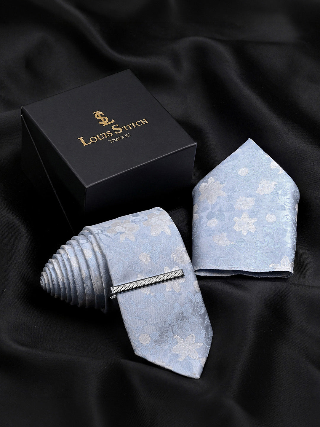 Floral Blue & White Luxury Polyster Micro Fabric Necktie Set Pocket Square Chrome Tiepin