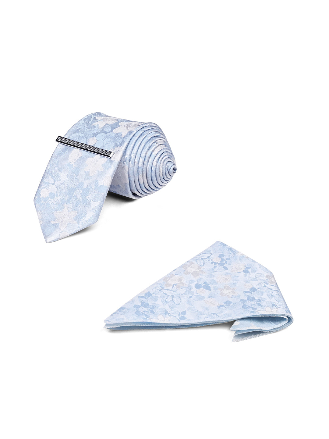 Floral Blue & White Luxury Polyster Micro Fabric Necktie Set Pocket Square Chrome Tiepin