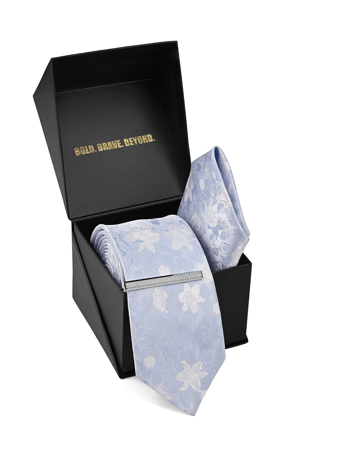 Floral Blue & White Luxury Polyster Micro Fabric Necktie Set Pocket Square Chrome Tiepin