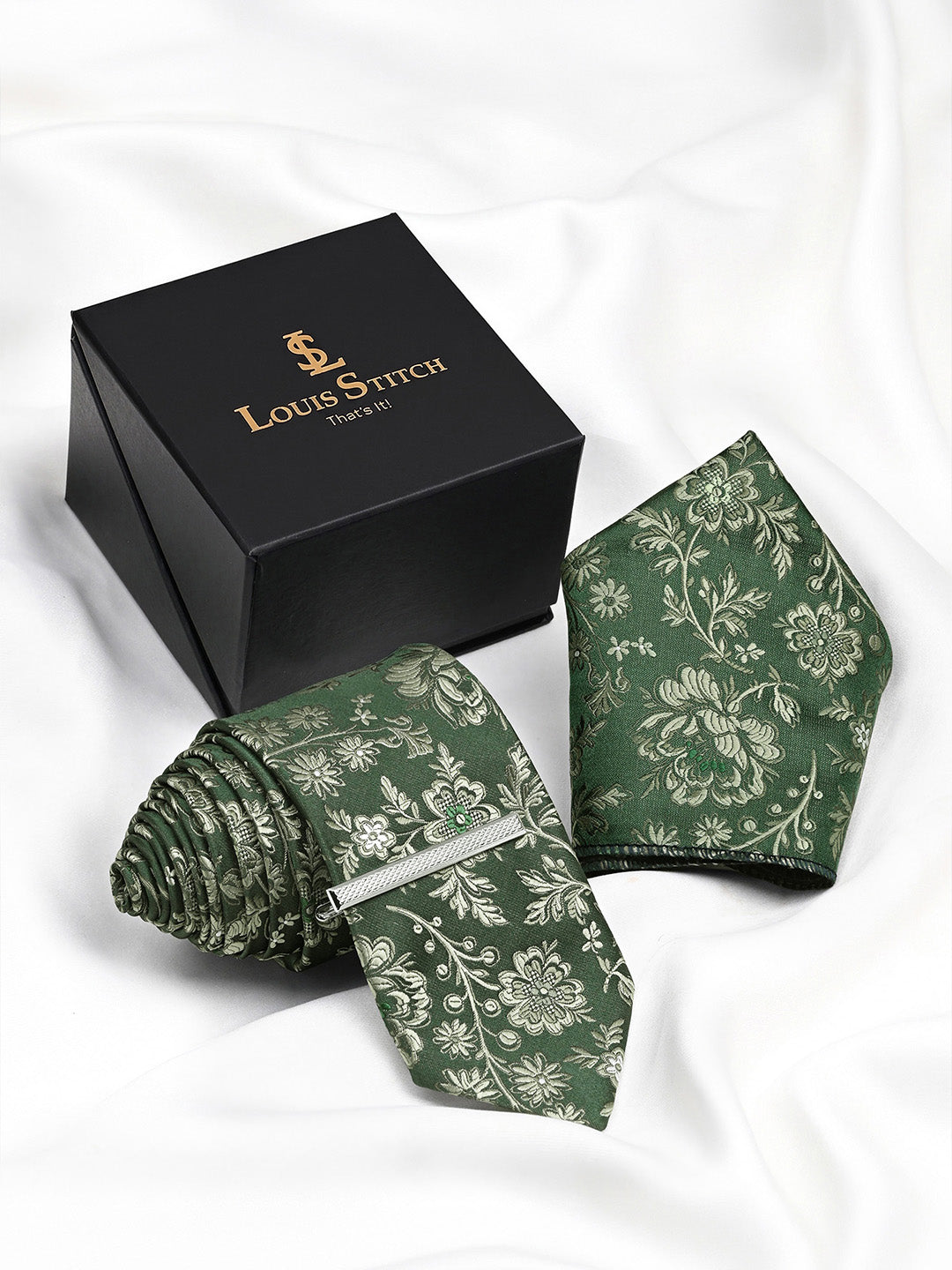 Floral Green Luxury Polyster Micro Fabric Necktie Set Pocket Square Chrome Tiepin