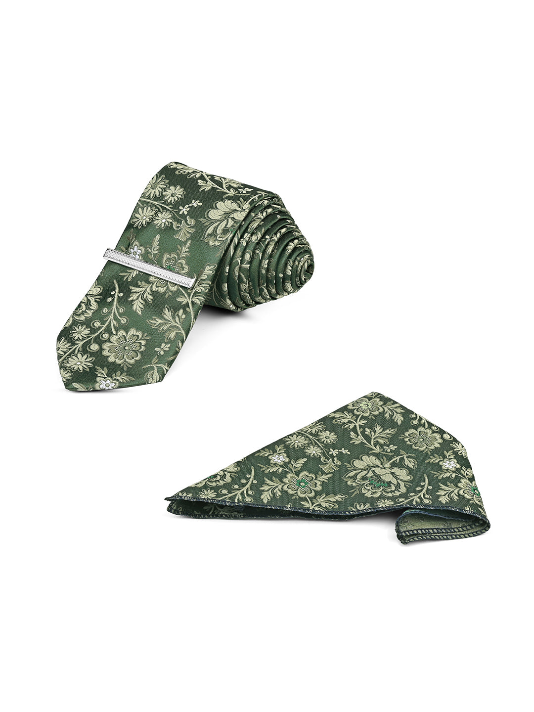 Floral Green Luxury Polyster Micro Fabric Necktie Set Pocket Square Chrome Tiepin