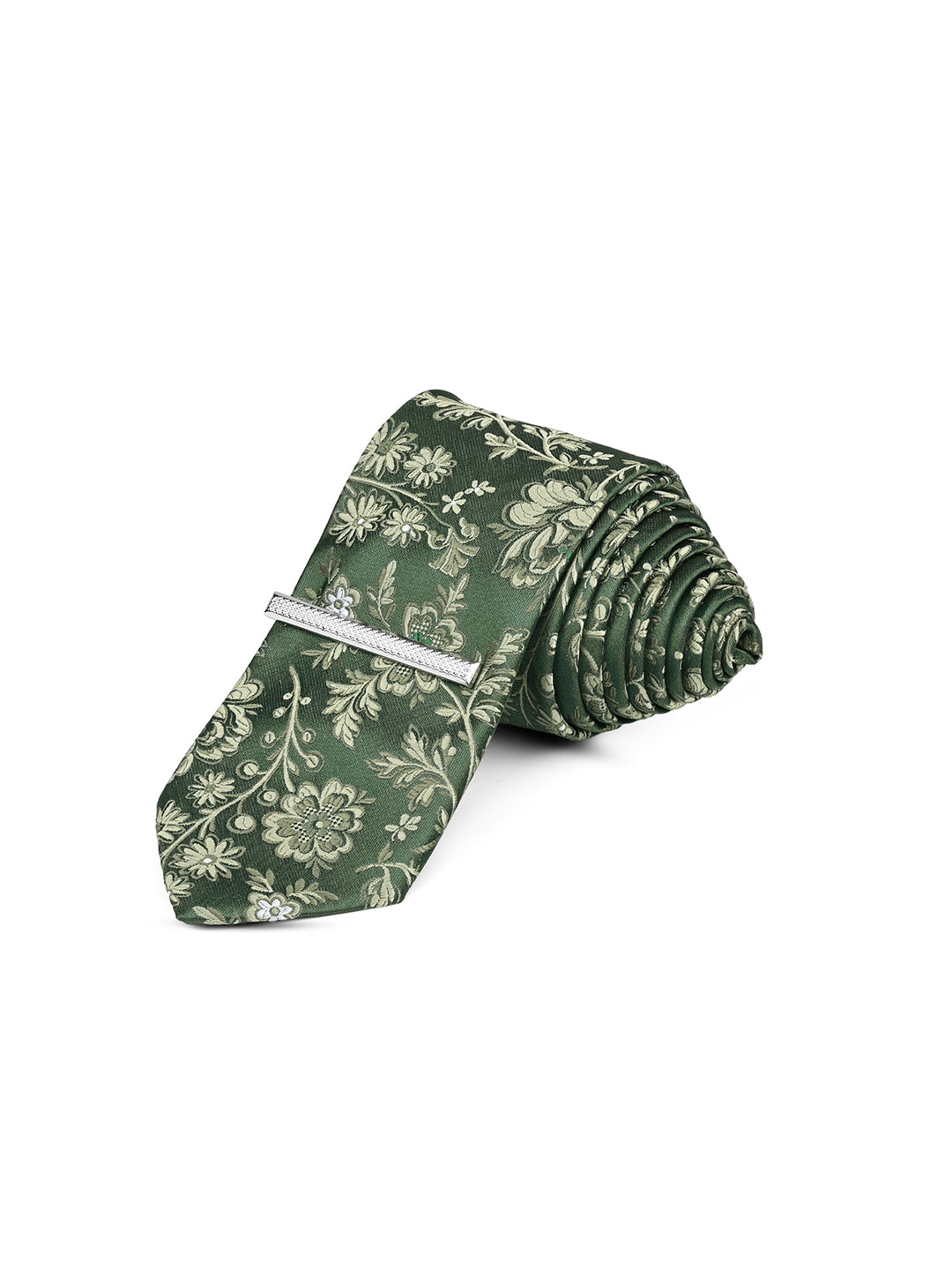 Floral Green Luxury Polyster Micro Fabric Necktie Set Pocket Square Chrome Tiepin