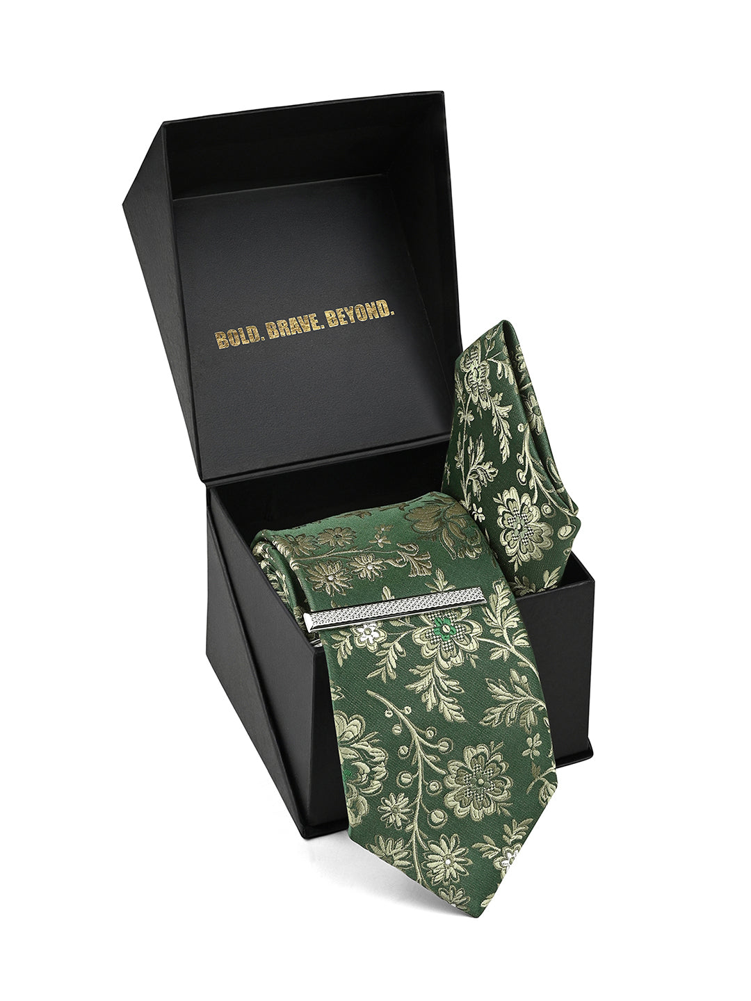 Floral Green Luxury Polyster Micro Fabric Necktie Set Pocket Square Chrome Tiepin