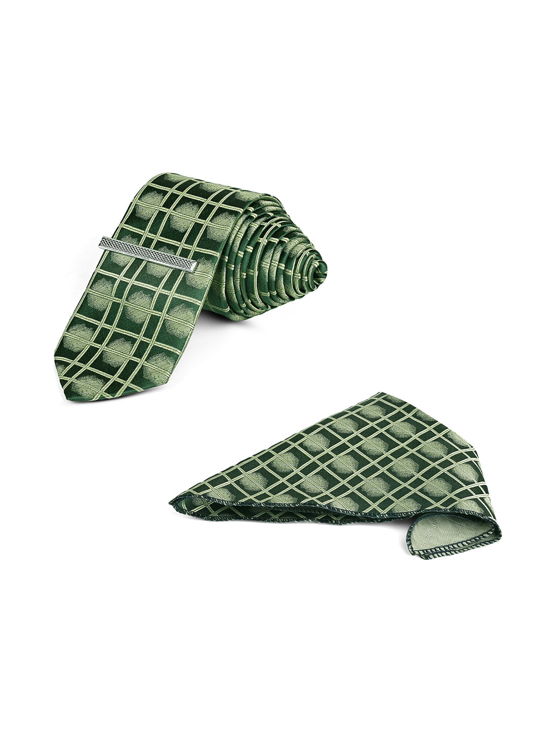 Sage Green Luxury Polyster Micro Fabric Necktie Set Pocket Square Chrome Tiepin