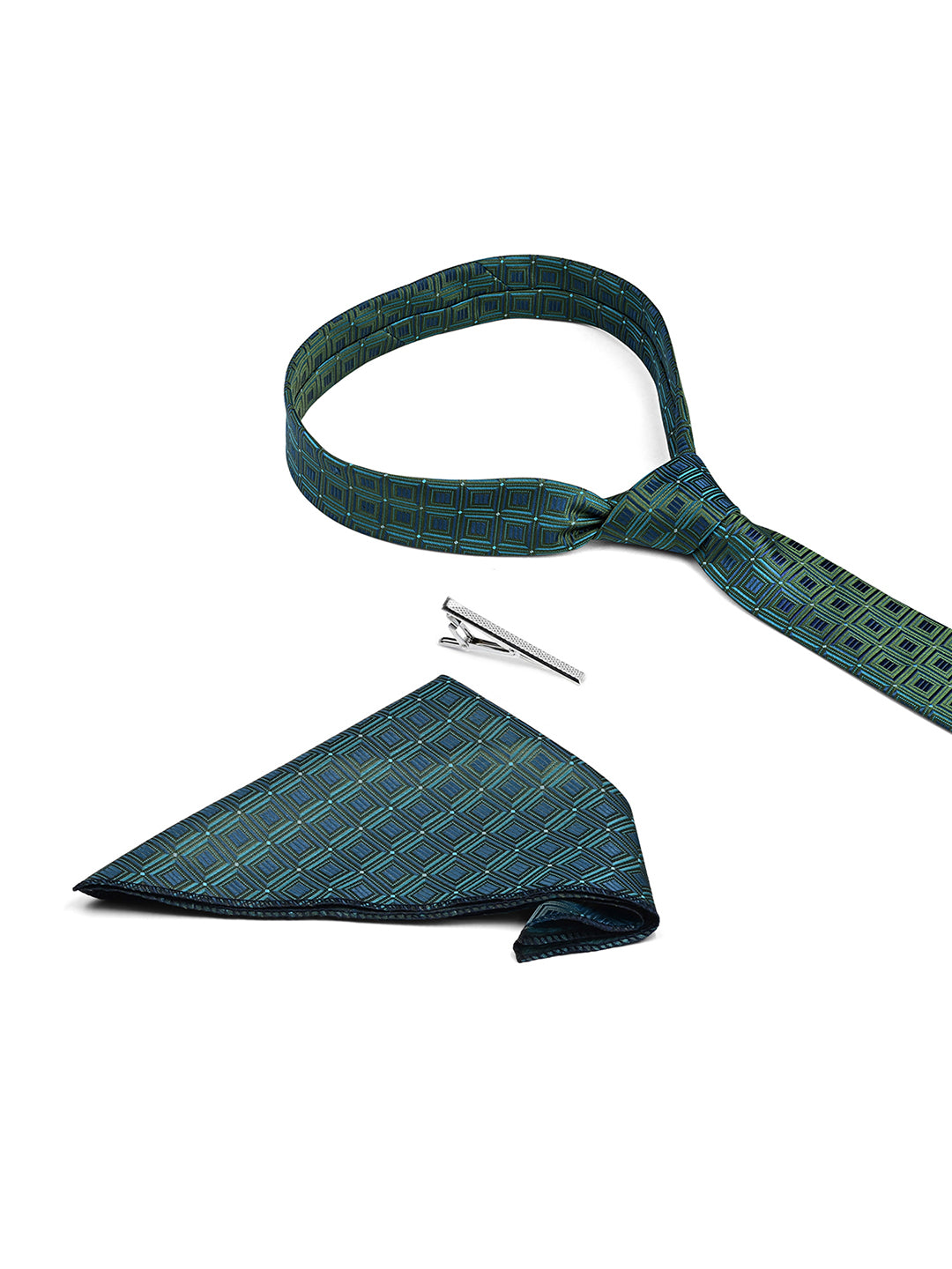 Navy & Teal Luxury Polyster Micro Fabric Necktie Set Pocket Square Chrome Tiepin