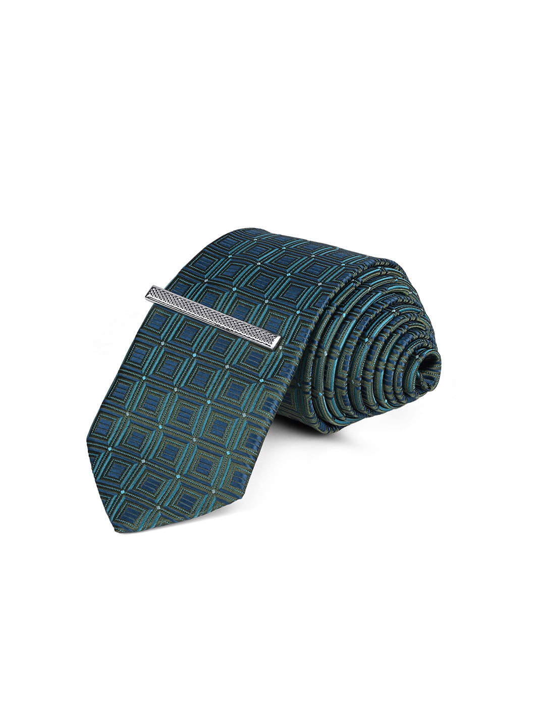 Navy & Teal Luxury Polyster Micro Fabric Necktie Set Pocket Square Chrome Tiepin