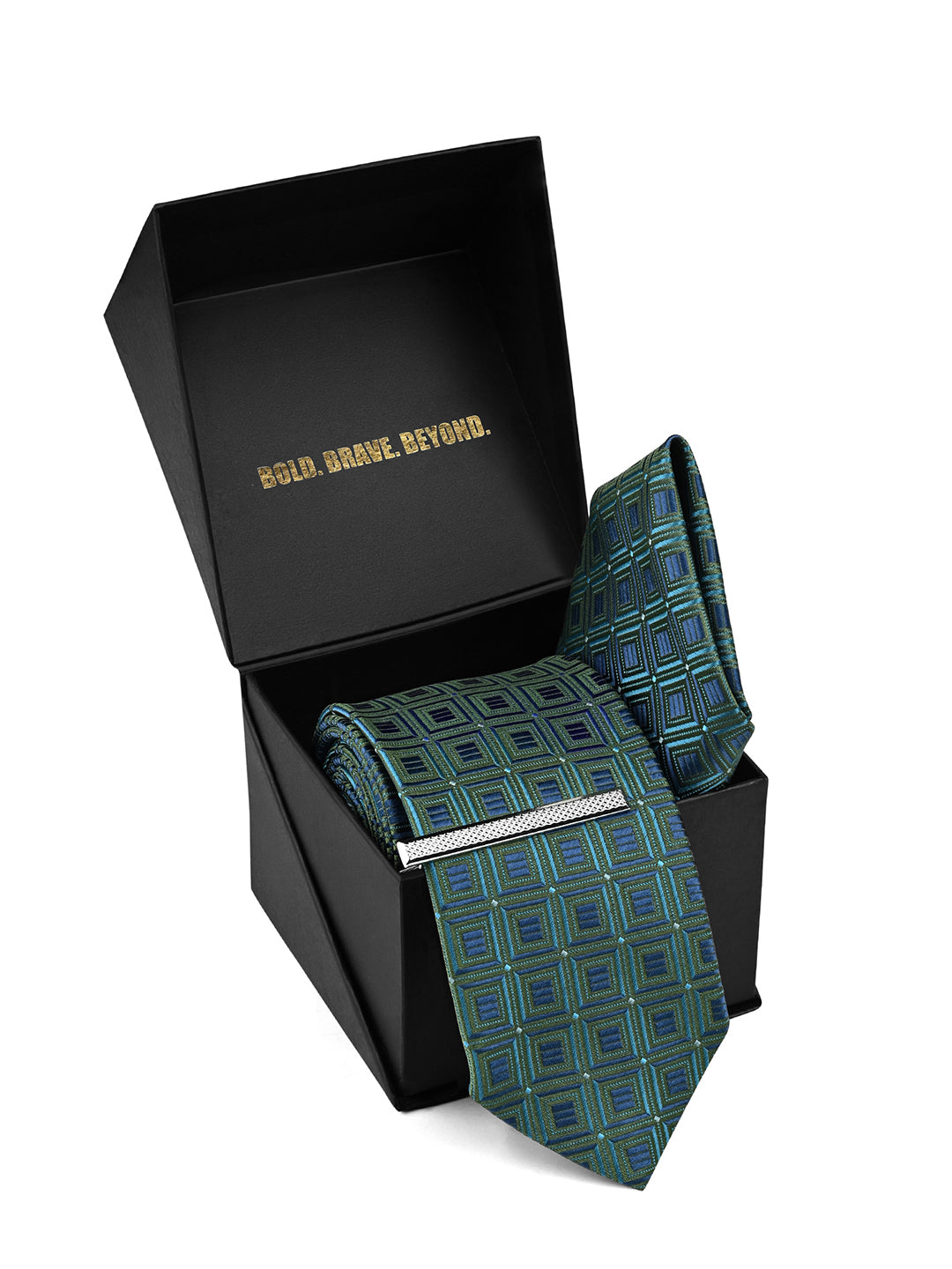 Navy & Teal Luxury Polyster Micro Fabric Necktie Set Pocket Square Chrome Tiepin
