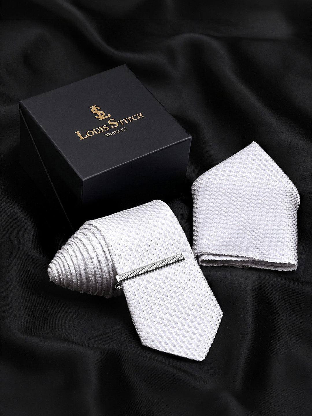 Textured White Luxury Polyster Micro Fabric Necktie Set Pocket Square Chrome Tiepin
