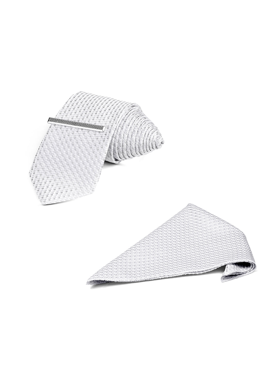 Textured White Luxury Polyster Micro Fabric Necktie Set Pocket Square Chrome Tiepin