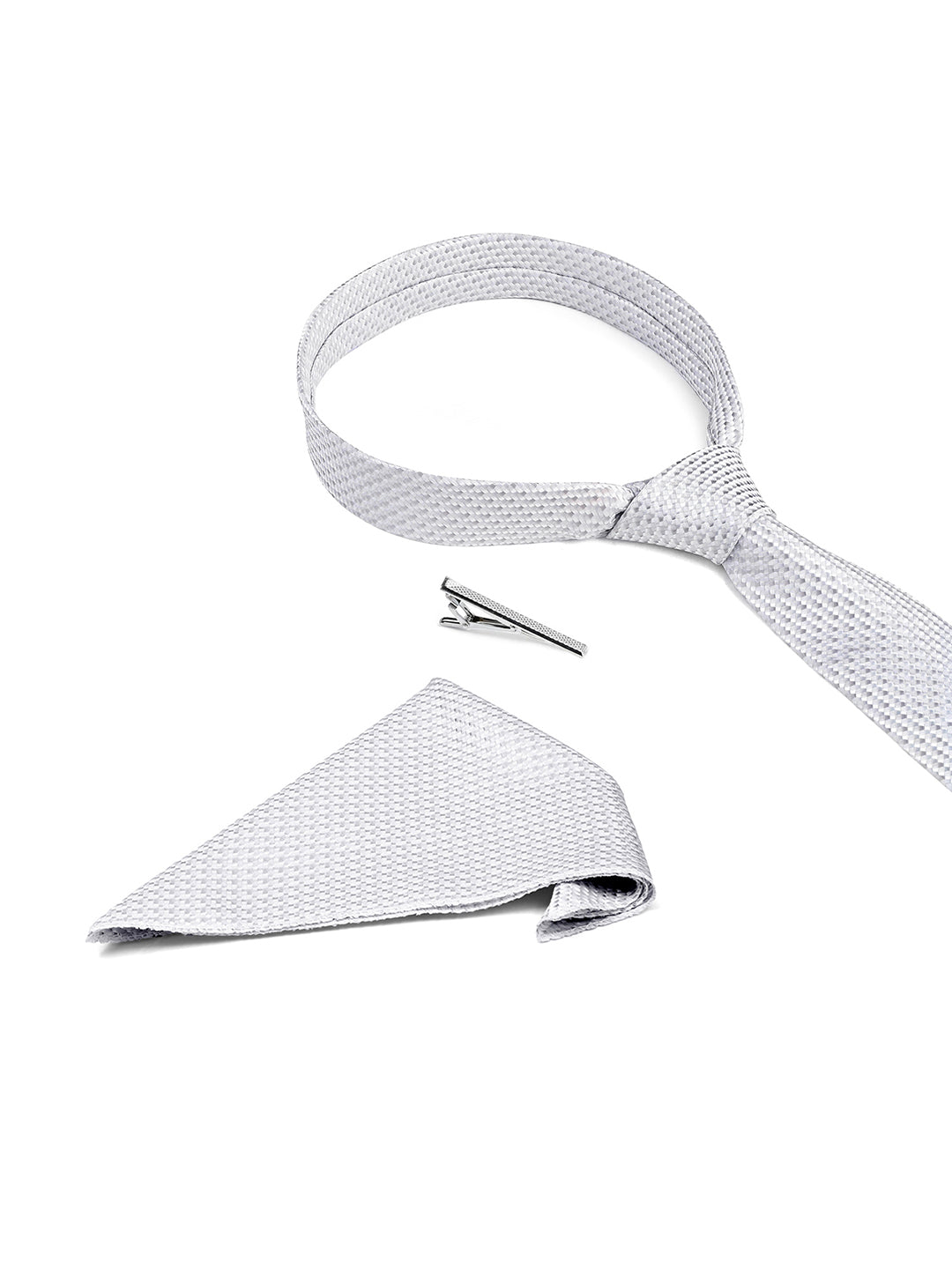 Textured White Luxury Polyster Micro Fabric Necktie Set Pocket Square Chrome Tiepin
