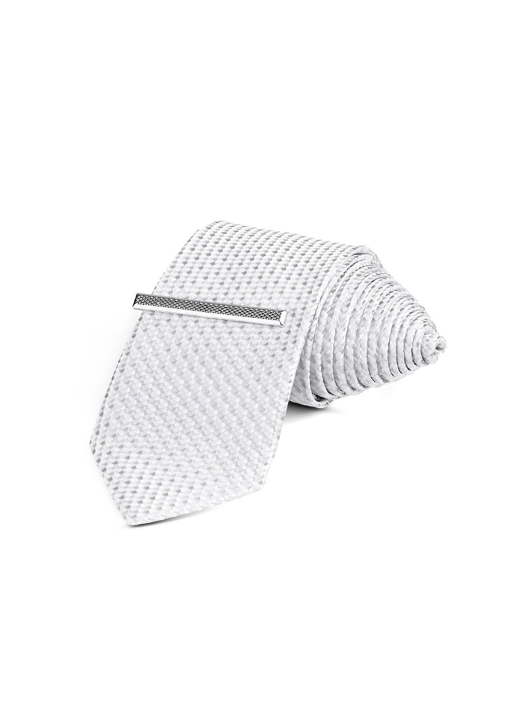 Textured White Luxury Polyster Micro Fabric Necktie Set Pocket Square Chrome Tiepin