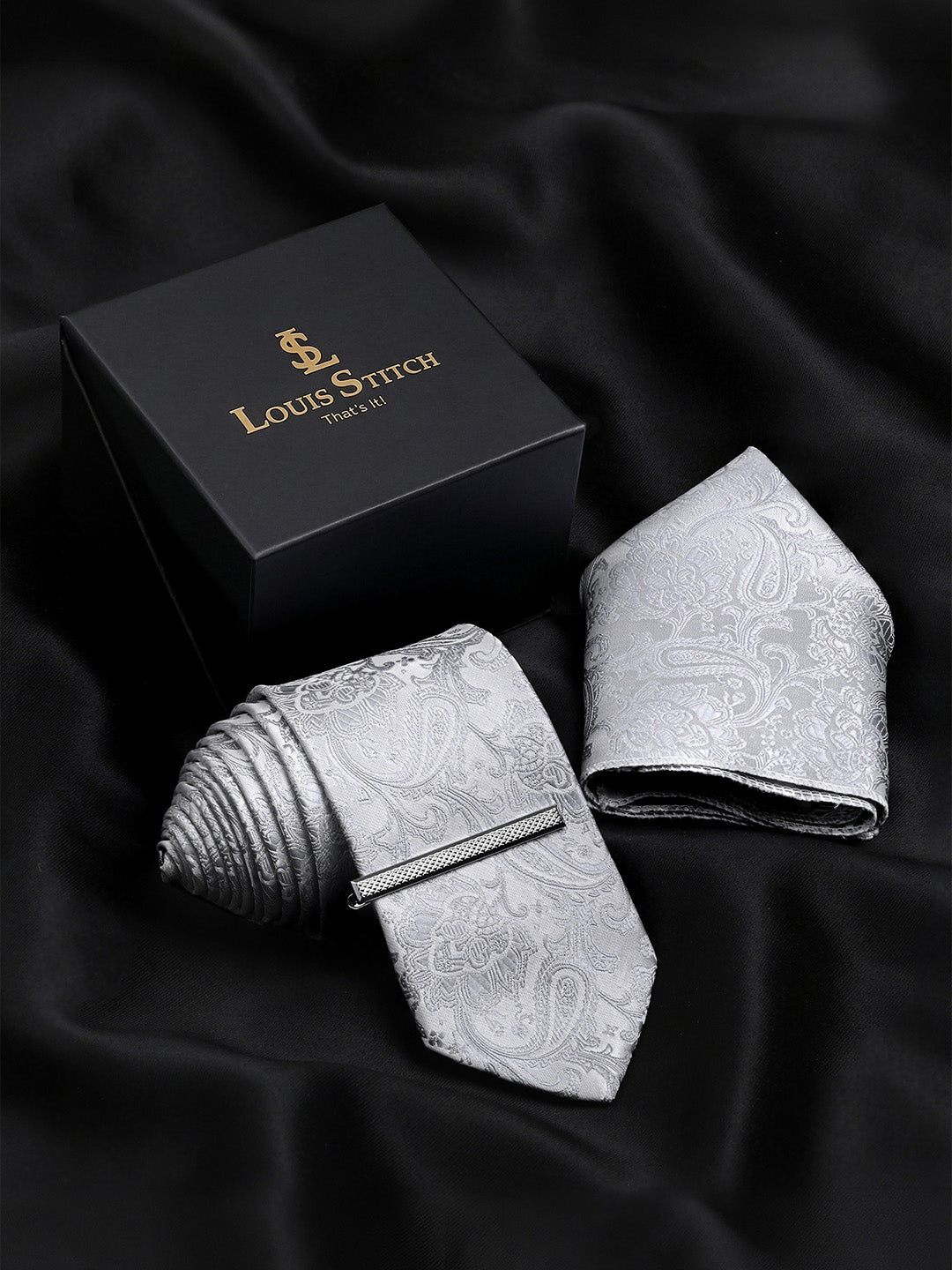 Paisley Grey Luxury Polyster Micro Fabric Necktie Set Pocket Square Chrome Tiepin