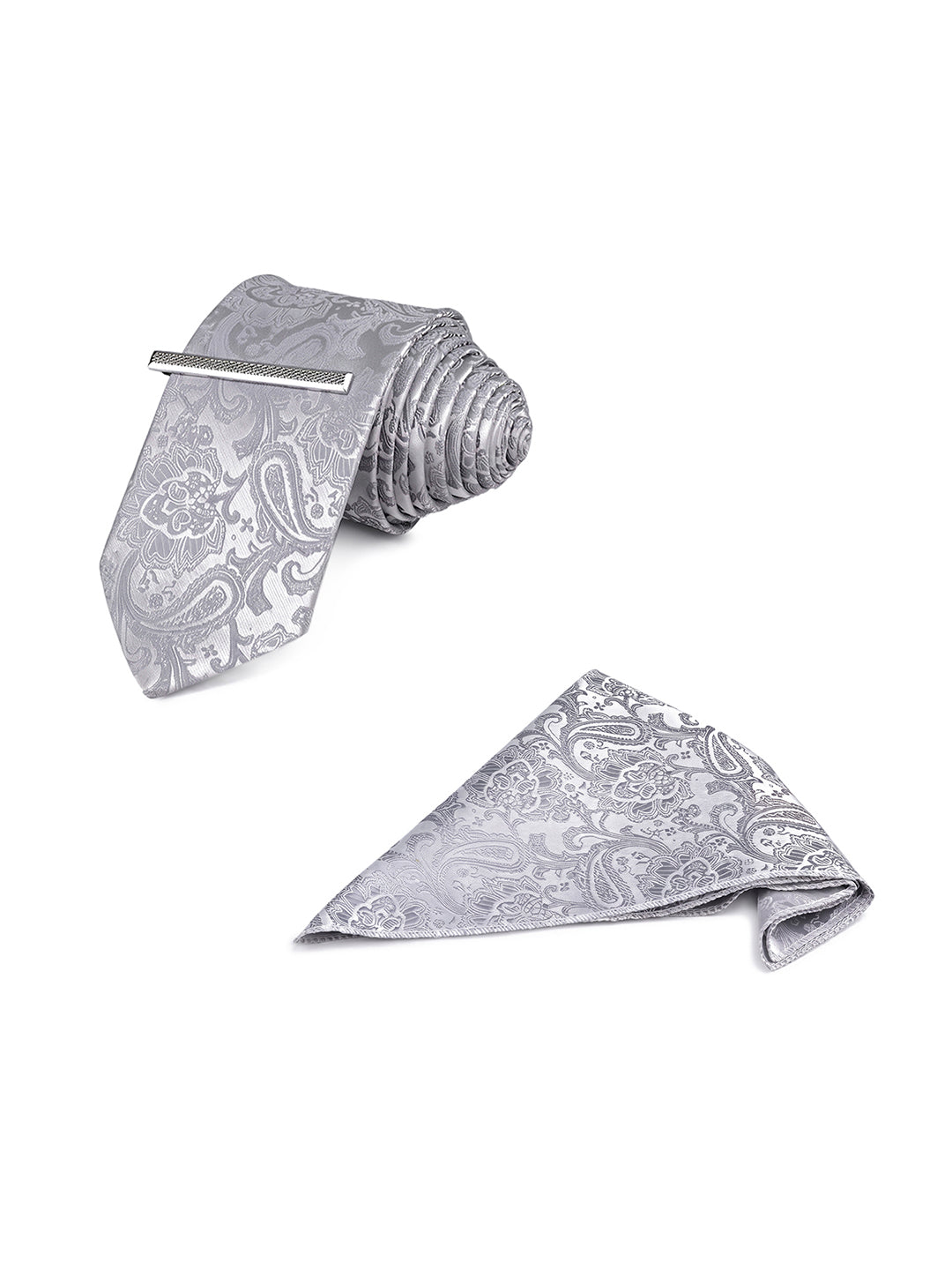 Paisley Grey Luxury Polyster Micro Fabric Necktie Set Pocket Square Chrome Tiepin