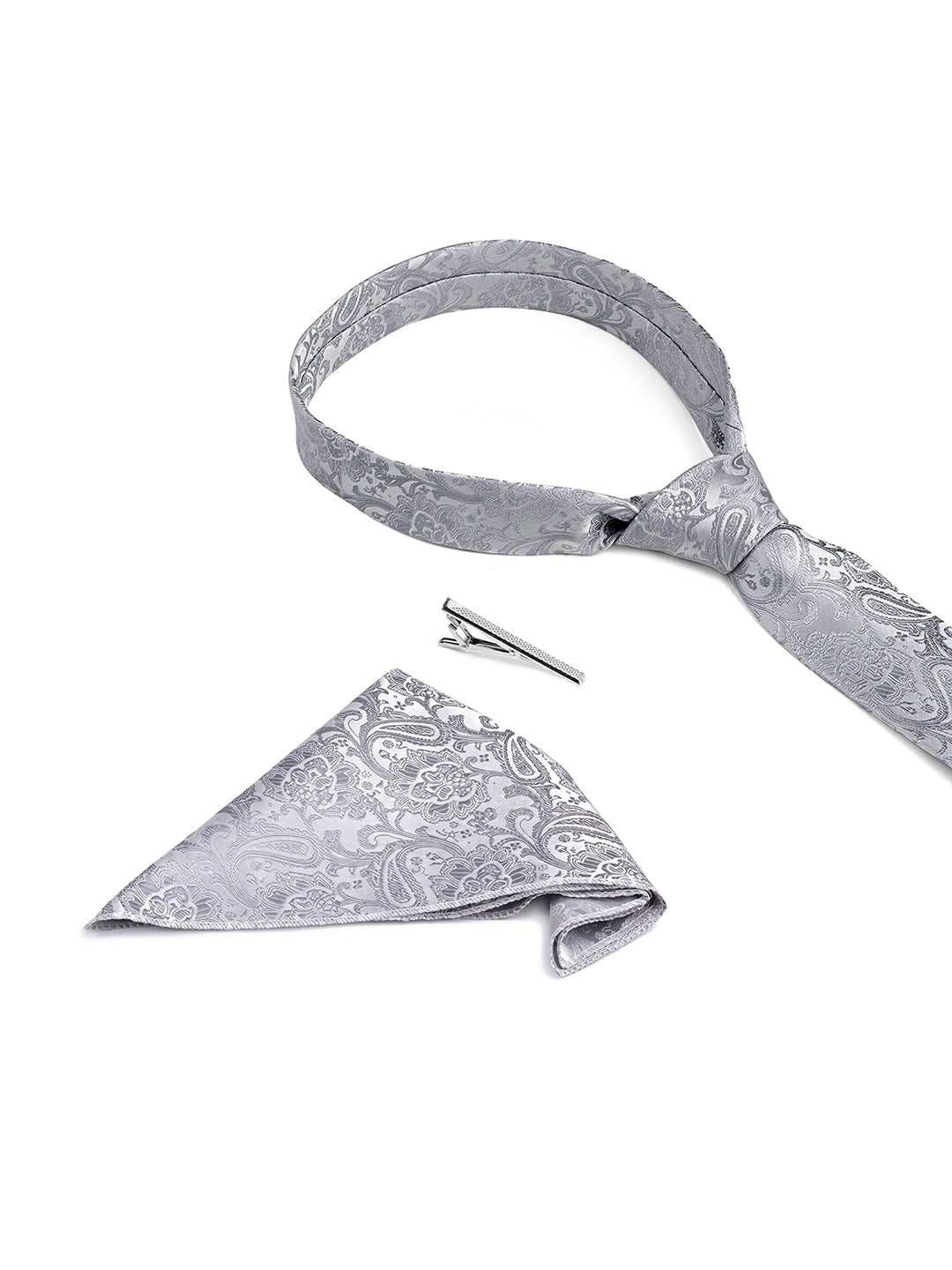Paisley Grey Luxury Polyster Micro Fabric Necktie Set Pocket Square Chrome Tiepin