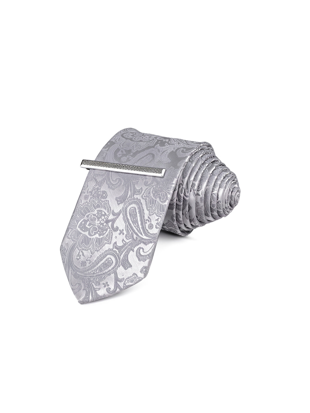 Paisley Grey Luxury Polyster Micro Fabric Necktie Set Pocket Square Chrome Tiepin