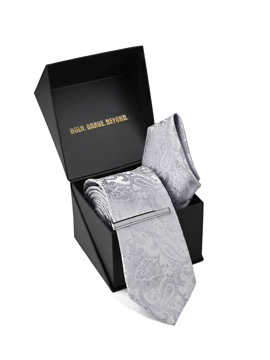 Paisley Grey Luxury Polyster Micro Fabric Necktie Set Pocket Square Chrome Tiepin