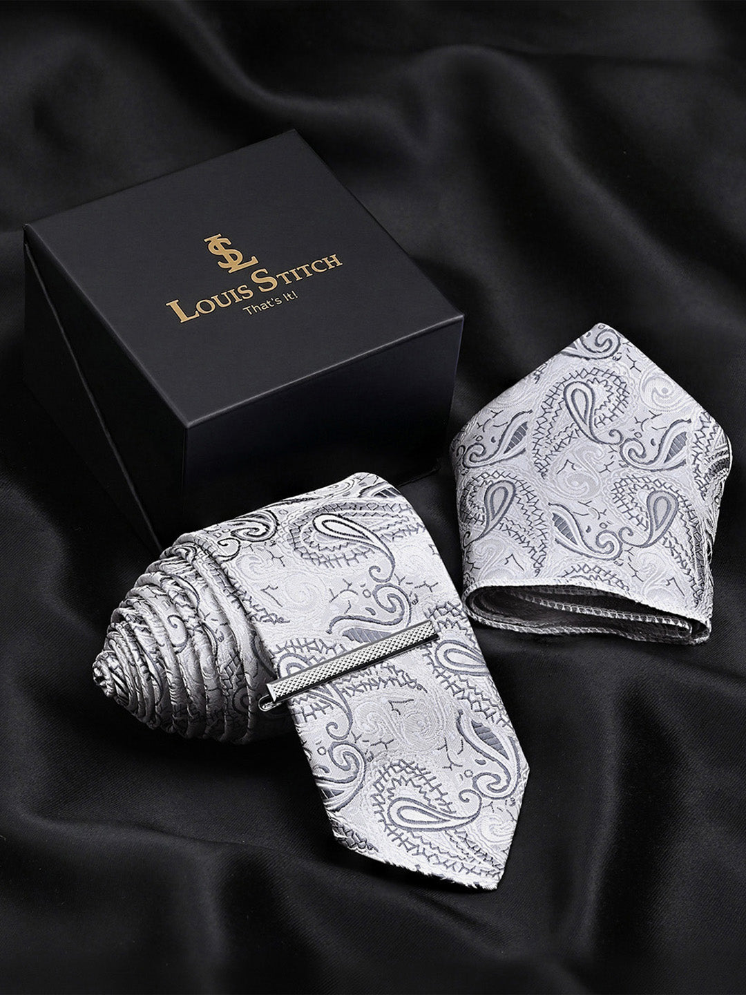 Charcoal Grey Luxury Polyster Micro Fabric Necktie Set Pocket Square Chrome Tiepin